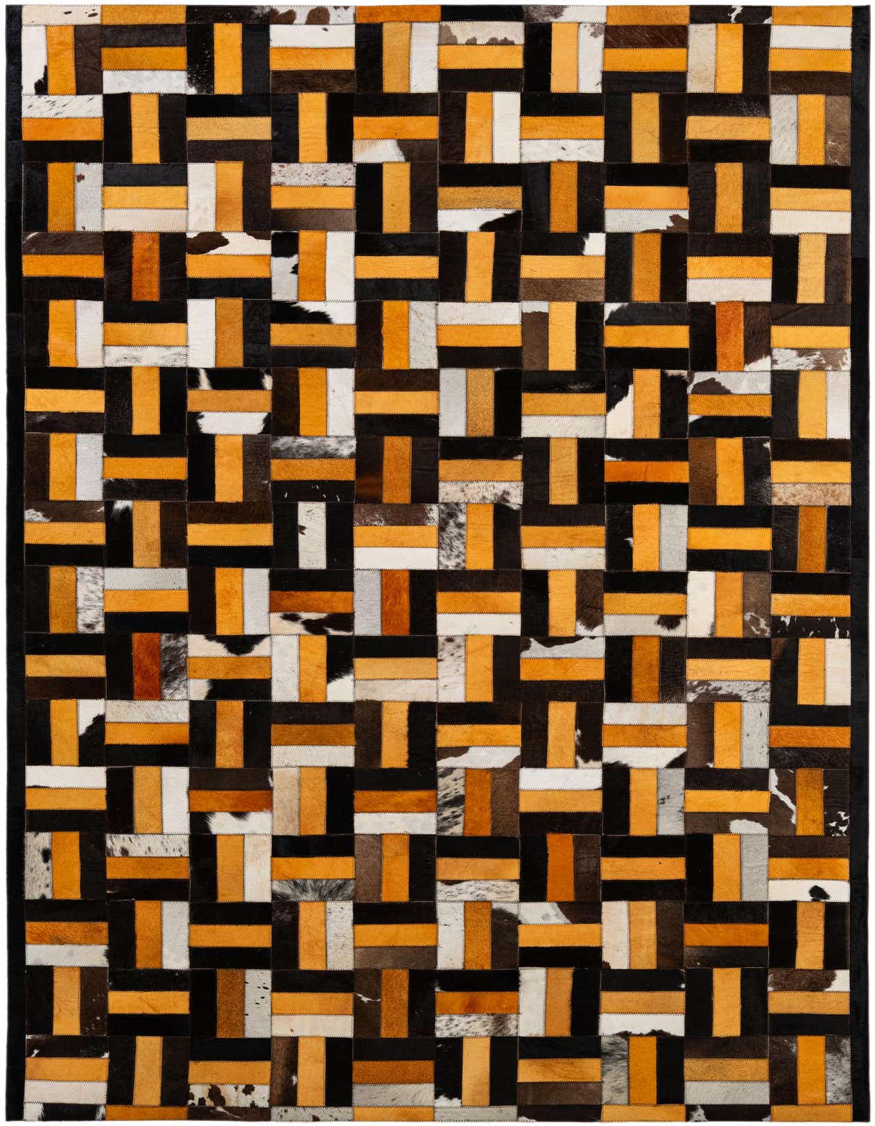 A rectangular 5x8 modern patchwork cowhide rug featuring a geometric pattern of multi-colored stripes in black, brown, white, and various shades of orange and tan.