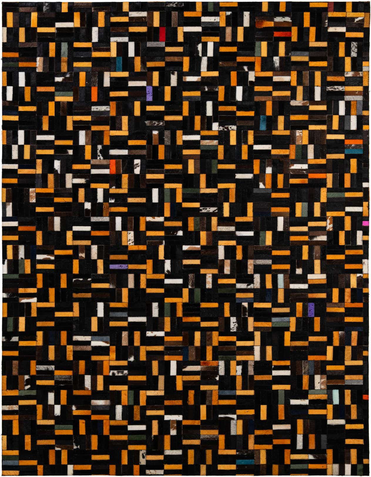 A 5x8 rectangular Cowhide Patchwork rug featuring a modern geometric pattern of multi-colored rectangular leather and cowhide pieces.