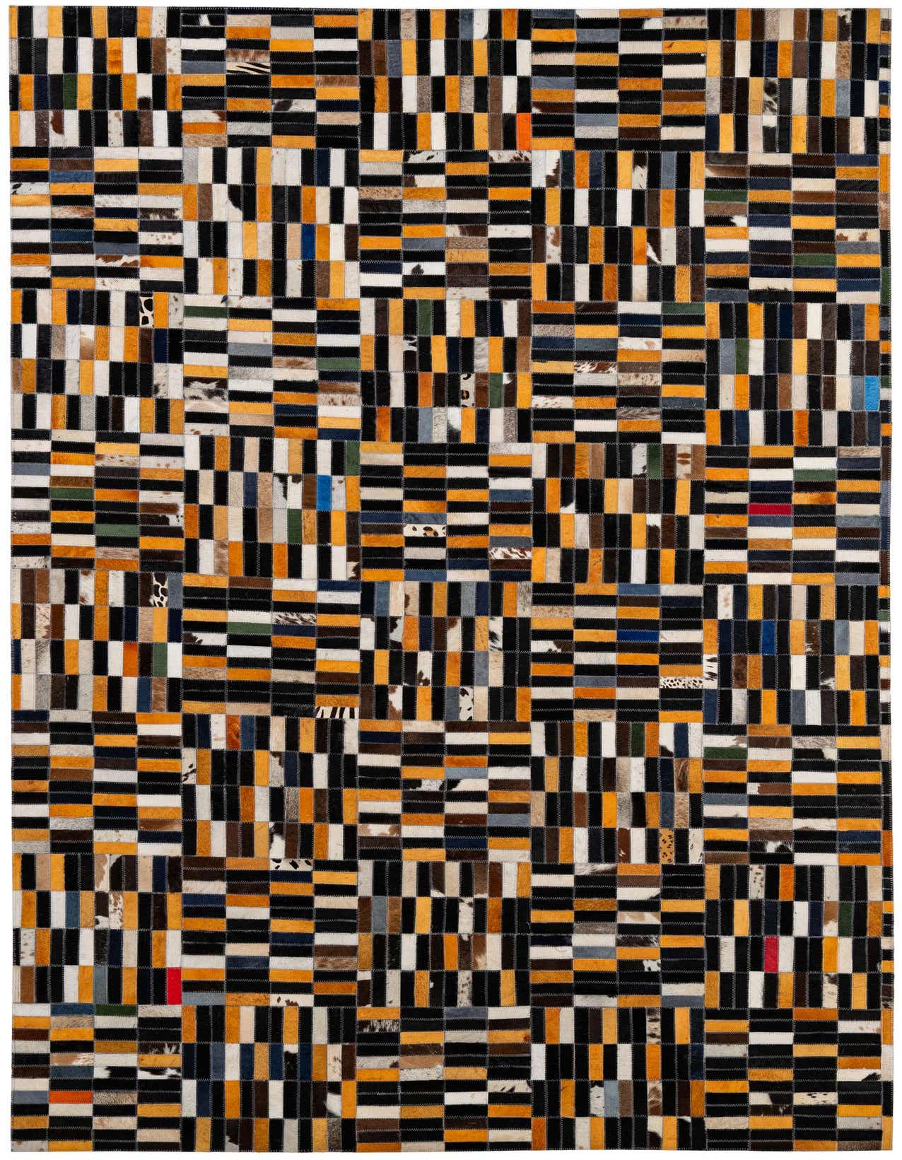A 5x8 rectangular Cowhide Patchwork rug featuring a modern stripe pattern in multi-colored hues, ideal for a living room.