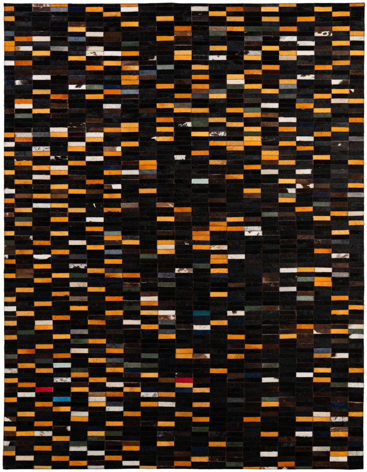 A rectangular 5x8 modern patchwork rug made of cowhide and leather, featuring a multi-colored design with black, orange, white, and various accent color rectangular patches.