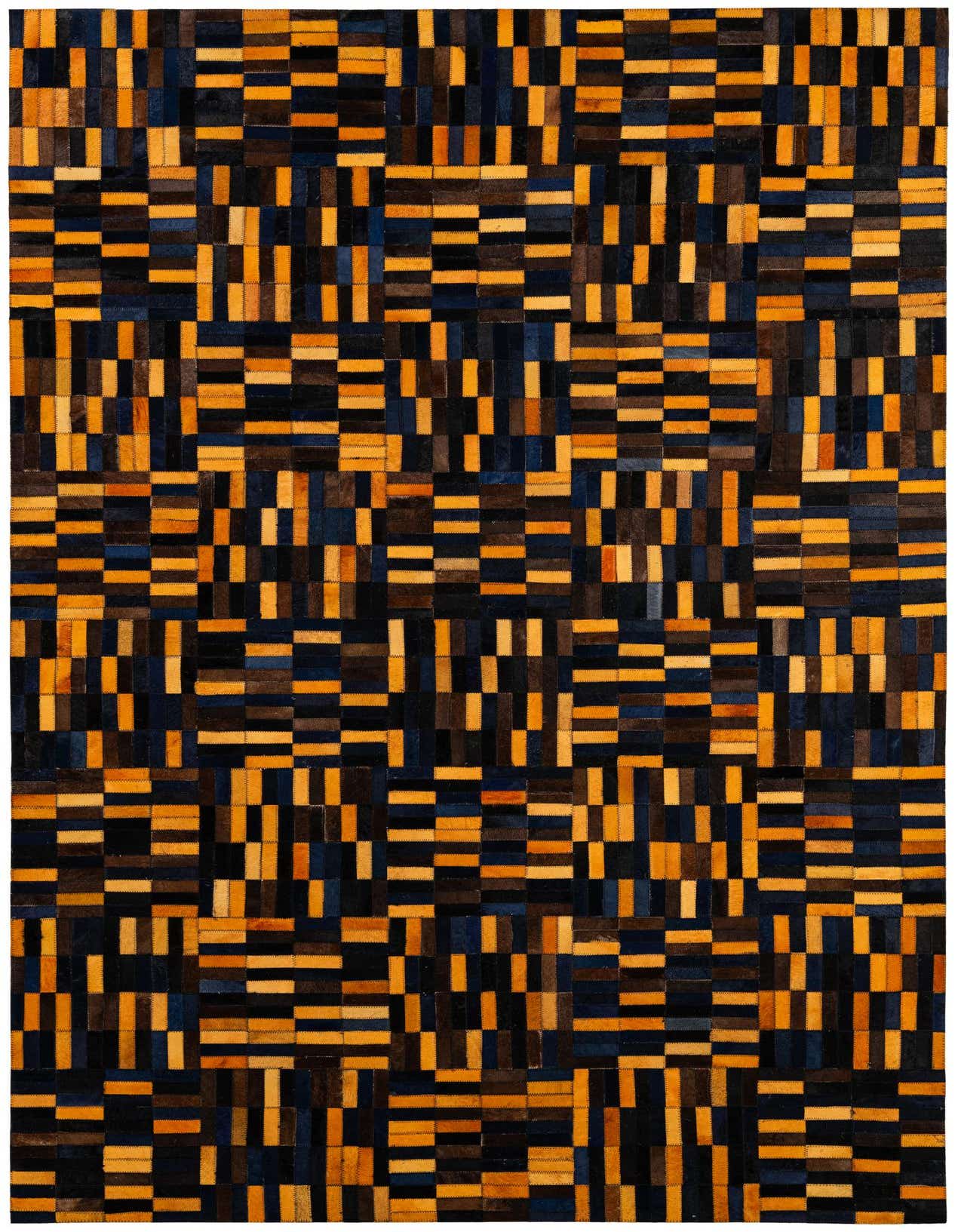 A rectangular 5x8 modern patchwork rug made from multi-colored cowhide and leather, featuring horizontal and vertical stripes in varying shades of brown, black, and gold.