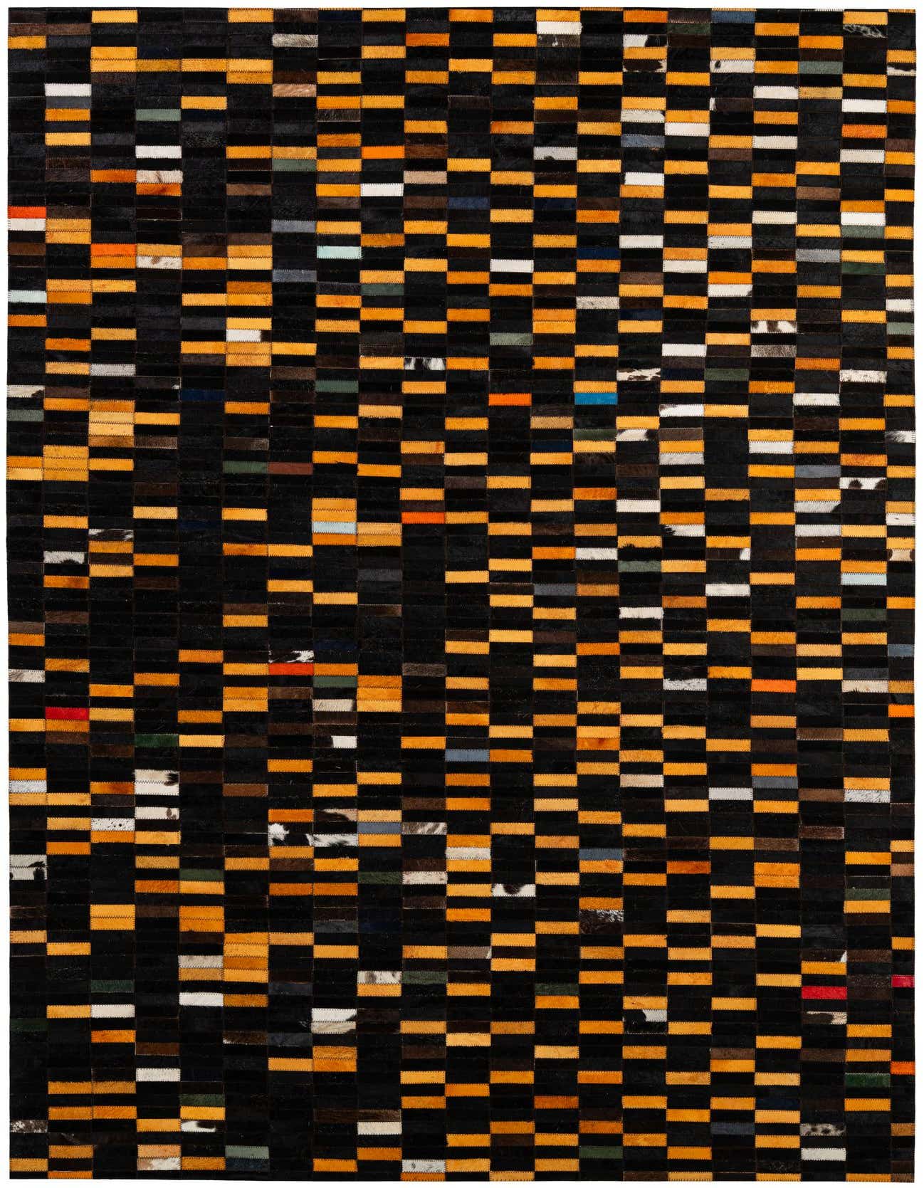 A 5x8 rectangular, multi-colored modern patchwork rug made from cowhide and leather, featuring horizontal stripes of black interspersed with various shades of orange, brown, white, and other accent colors.