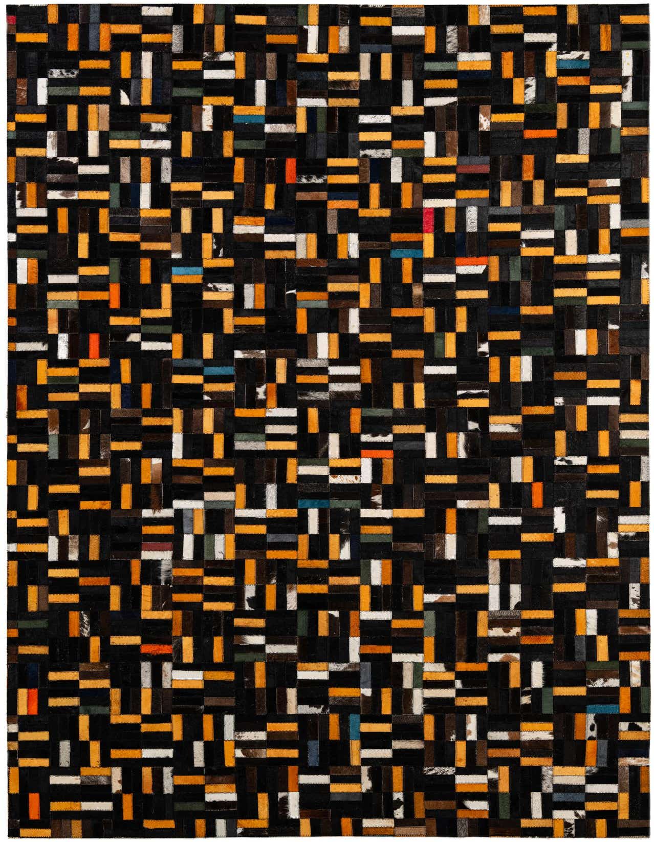 A rectangular 5x8 multi-colored modern rug made from cowhide and leather, featuring a patchwork stripe pattern in black, orange, white, and various accent colors.