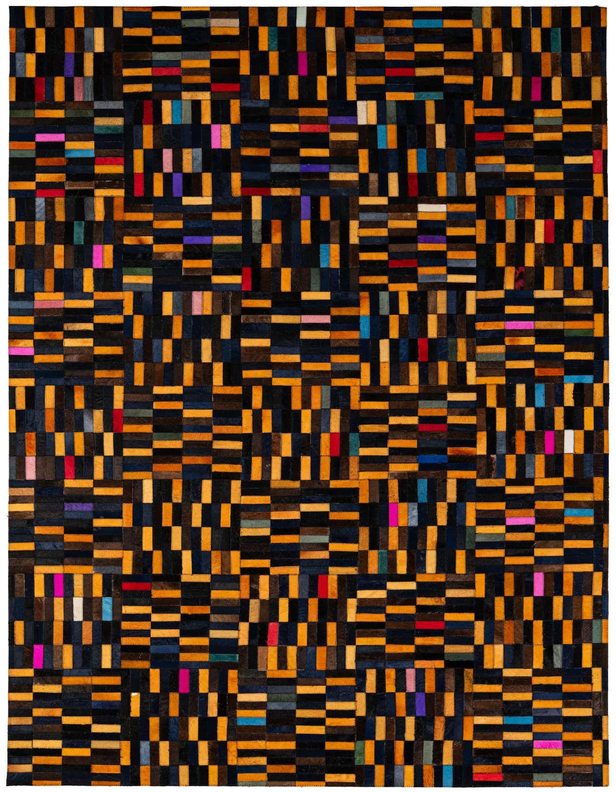 A 5x8 rectangular Cowhide Patchwork rug featuring a modern stripe pattern in multi-colored hues, ideal for a living room.