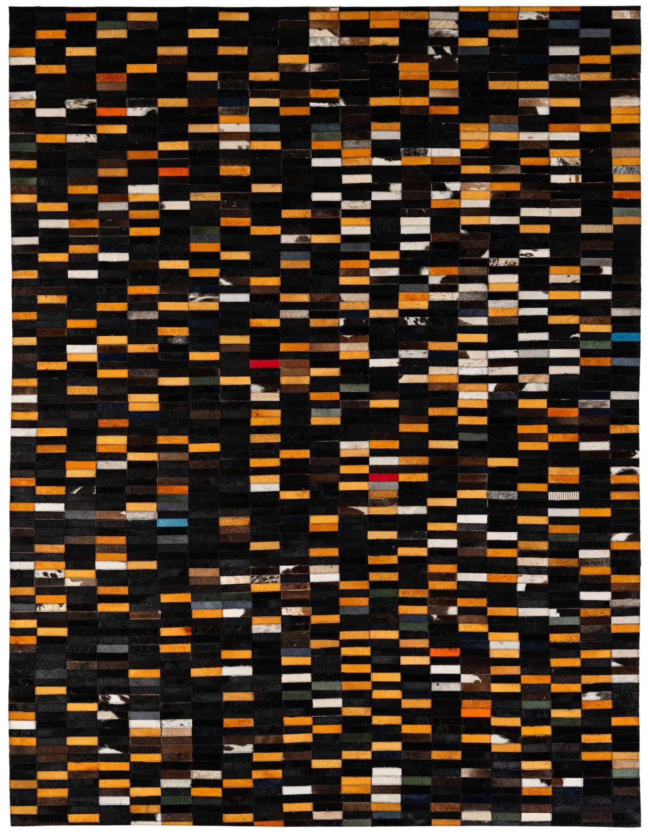 A 5x8 rectangular Cowhide Patchwork rug featuring a modern design with multi-colored rectangular patches on a dark background, ideal for a living room.