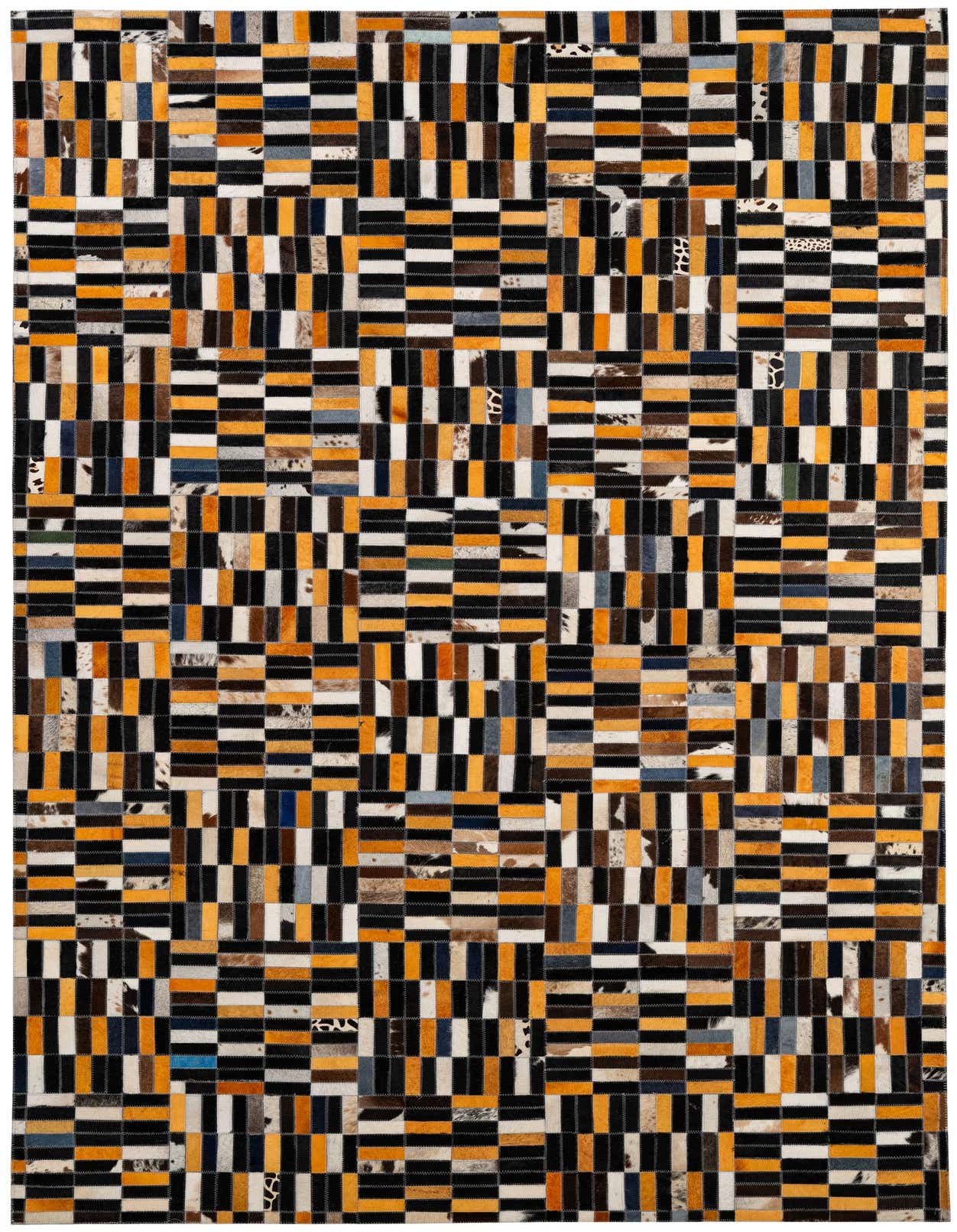 A rectangular 5x8 multi-colored patchwork cowhide rug featuring a modern stripe pattern in black, white, brown, and orange tones.