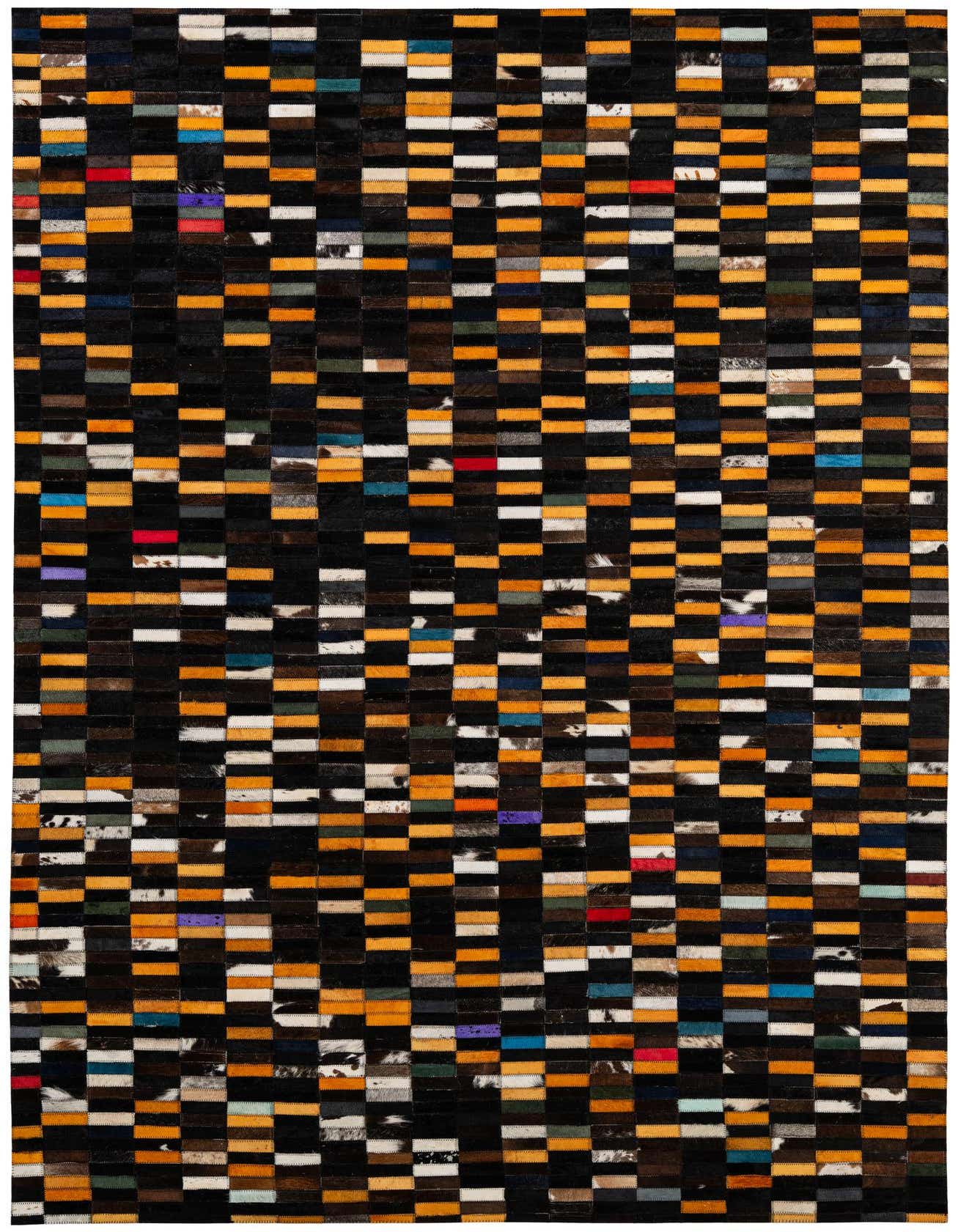 A rectangular 5x8 modern patchwork rug made from cowhide and leather, featuring a multi-colored stripe pattern with black, orange, white, and various accent colors.