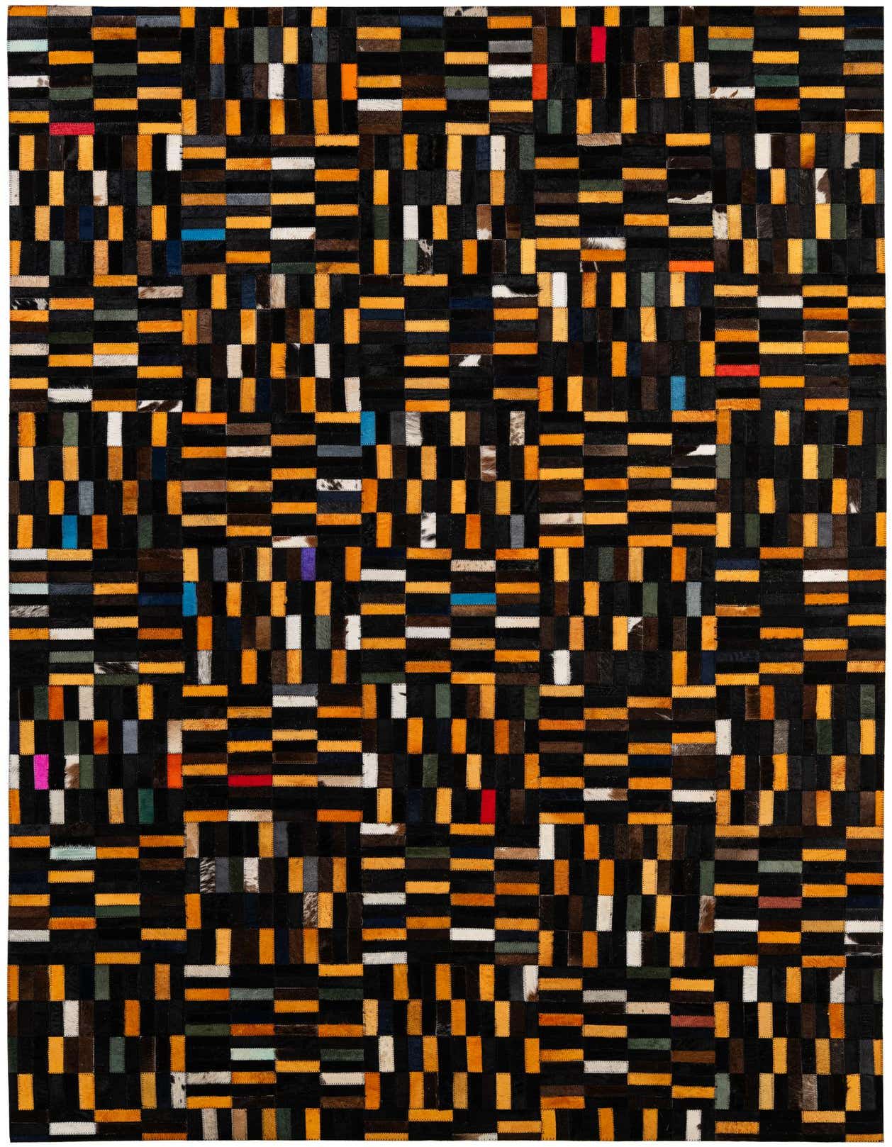 A 5x8 rectangular, multi-colored patchwork cowhide rug with a modern stripe pattern, featuring black, orange, and various accent color rectangles.