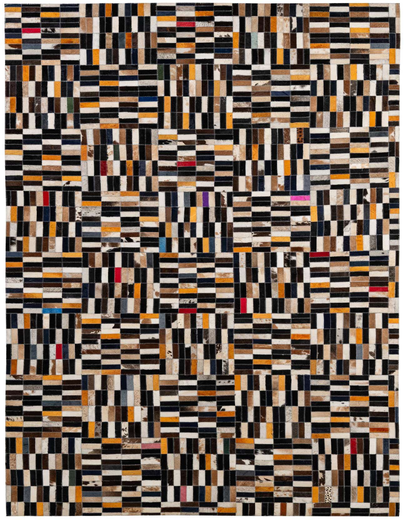 A 5x8 rectangular Cowhide Patchwork rug featuring a modern stripe pattern in multi-colored natural cowhide and leather.