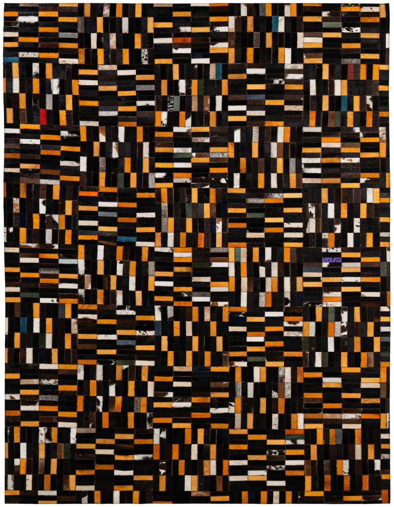 A 5x8 rectangular Cowhide Patchwork rug featuring a modern pattern of multi-colored rectangular leather and cowhide patches.