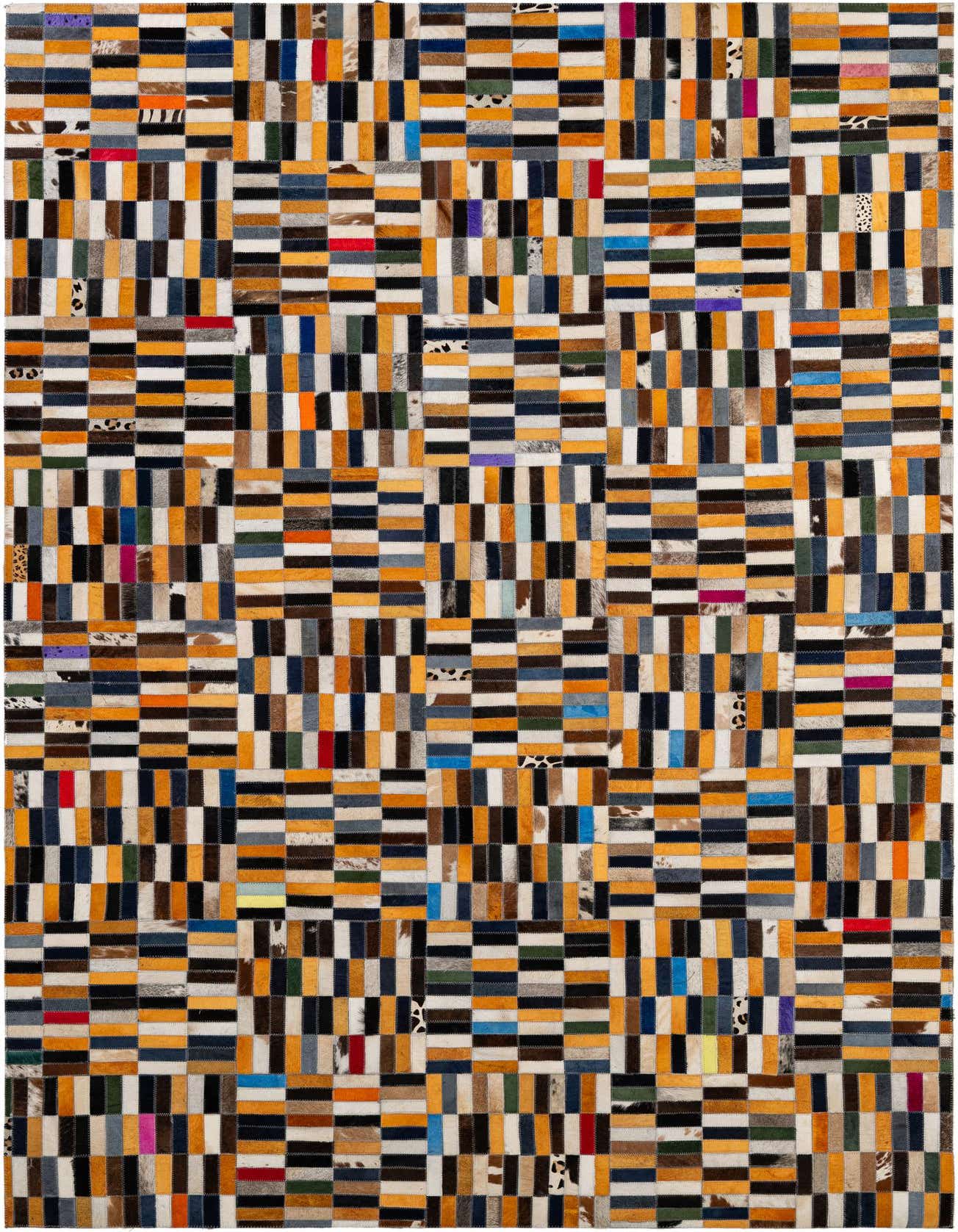 A rectangular 5x8 multi-colored patchwork cowhide rug with a modern stripe pattern, featuring various shades of brown, black, white, orange, blue, and red.