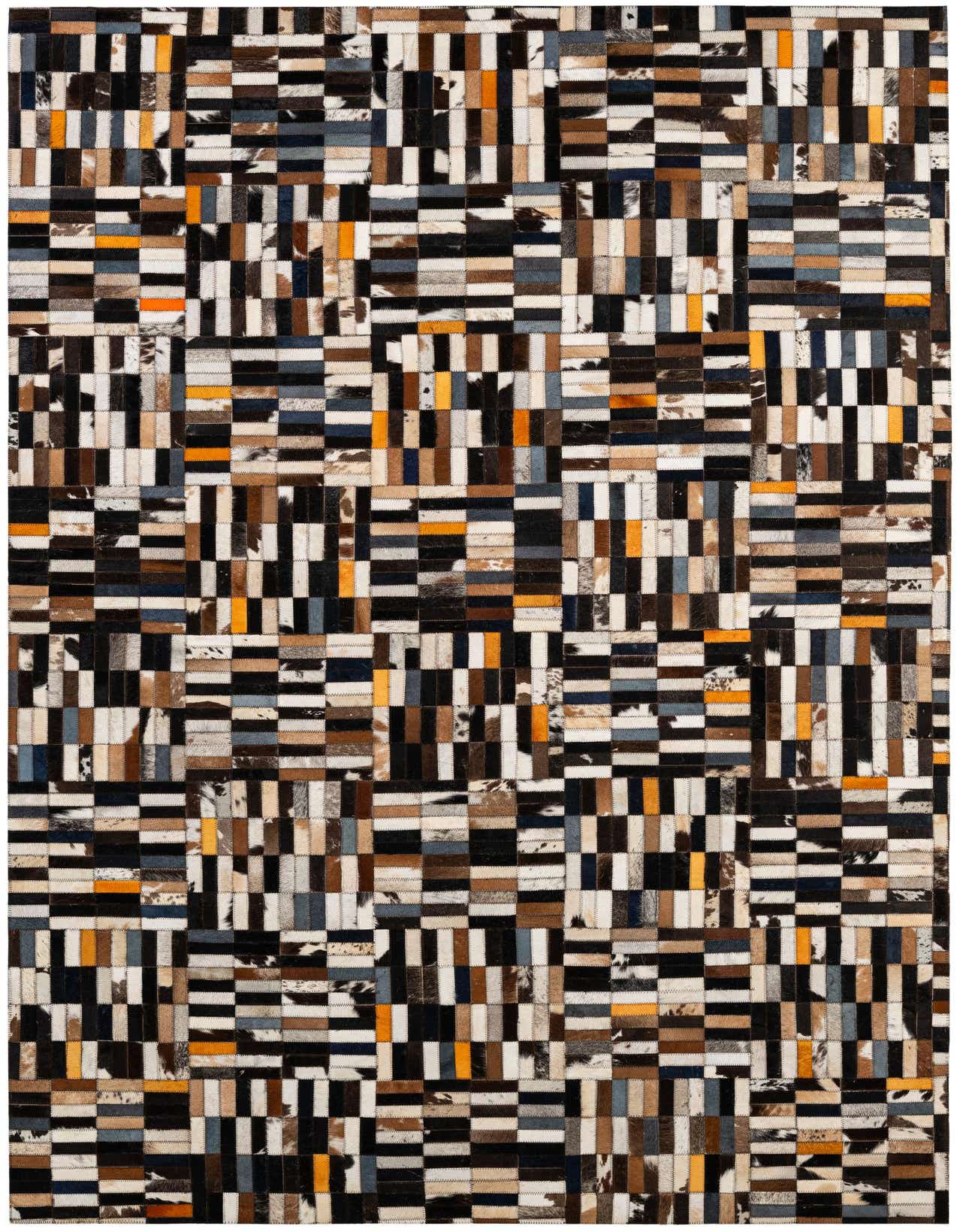 A 5x8 rectangular patchwork cowhide rug featuring a modern stripe pattern in multi-colored hues including black, white, brown, gray, and orange.