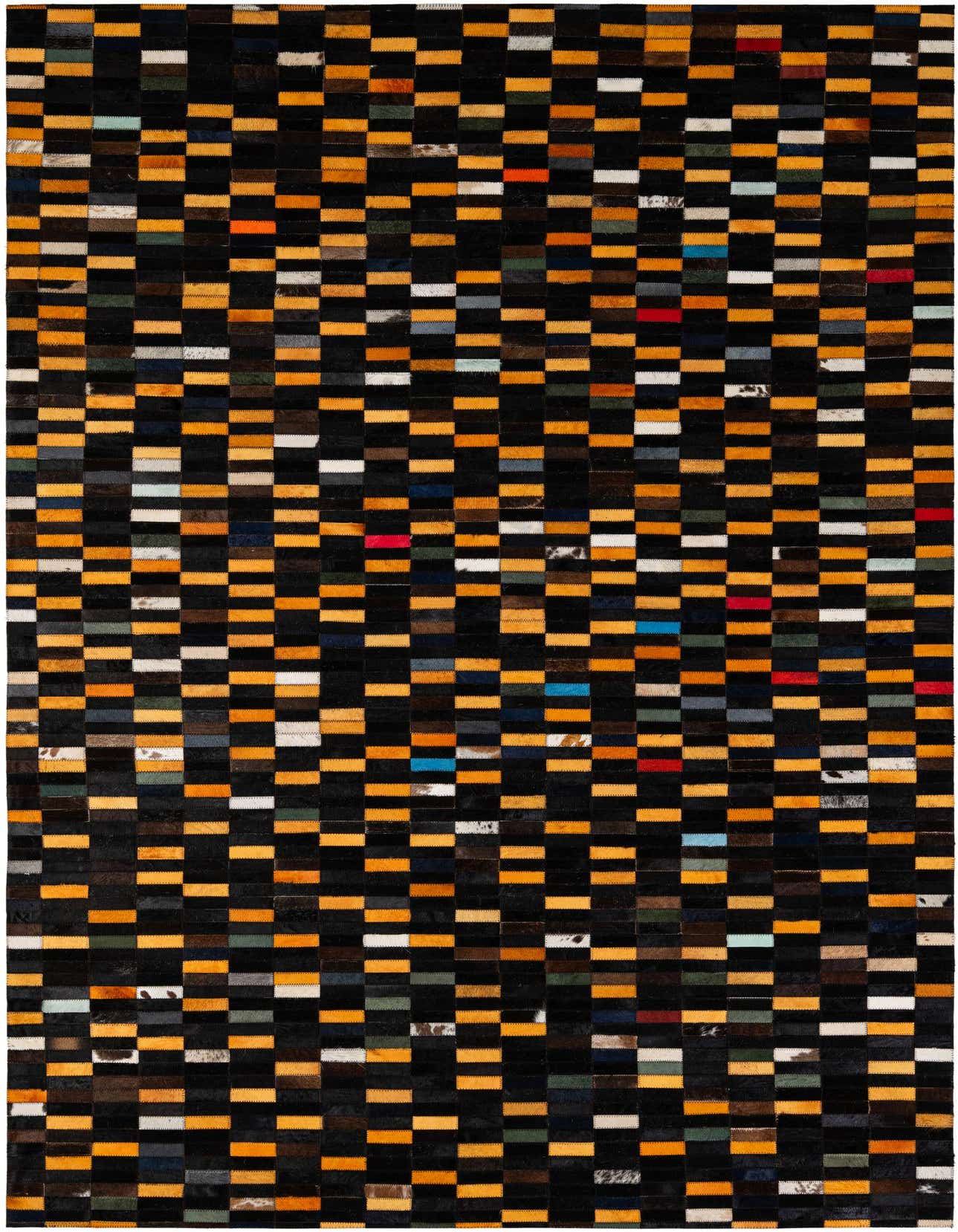 A 5x8 rectangular Cowhide Patchwork rug with a modern stripe pattern in multi-colored hues, ideal for a living room.
