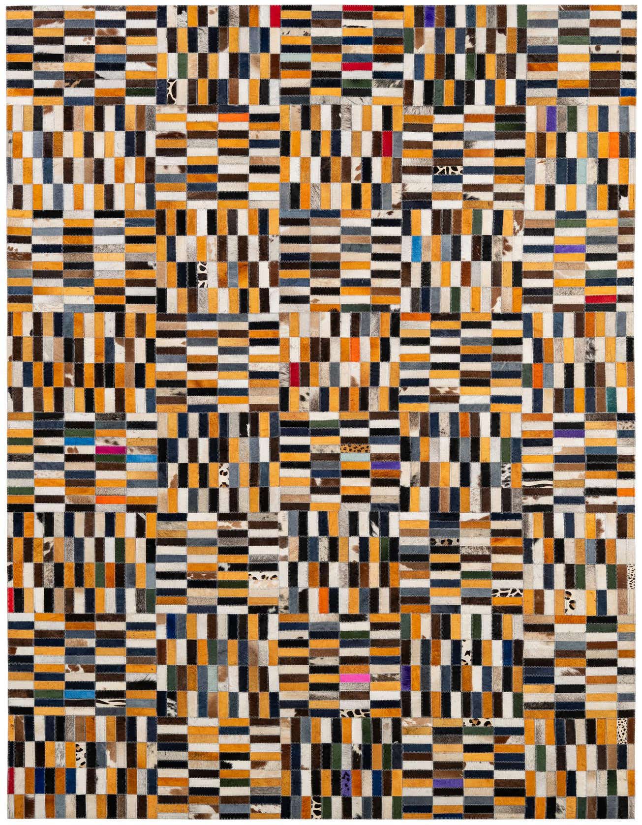 A rectangular 5x8 multi-colored patchwork cowhide rug featuring horizontal and vertical stripes in various natural and dyed shades.