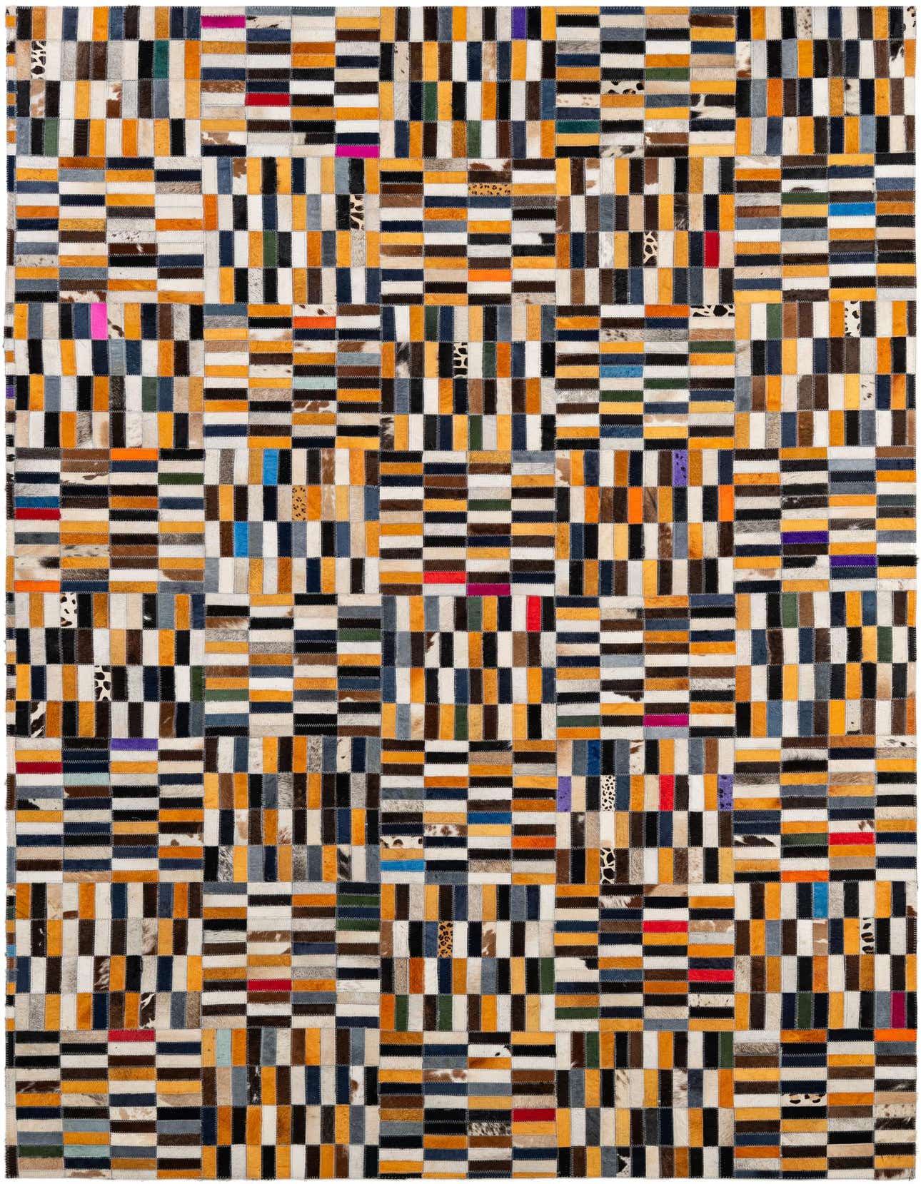 A 5x8 rectangular Cowhide Patchwork rug with a modern stripe pattern in multi-colored hues, perfect for a living room.