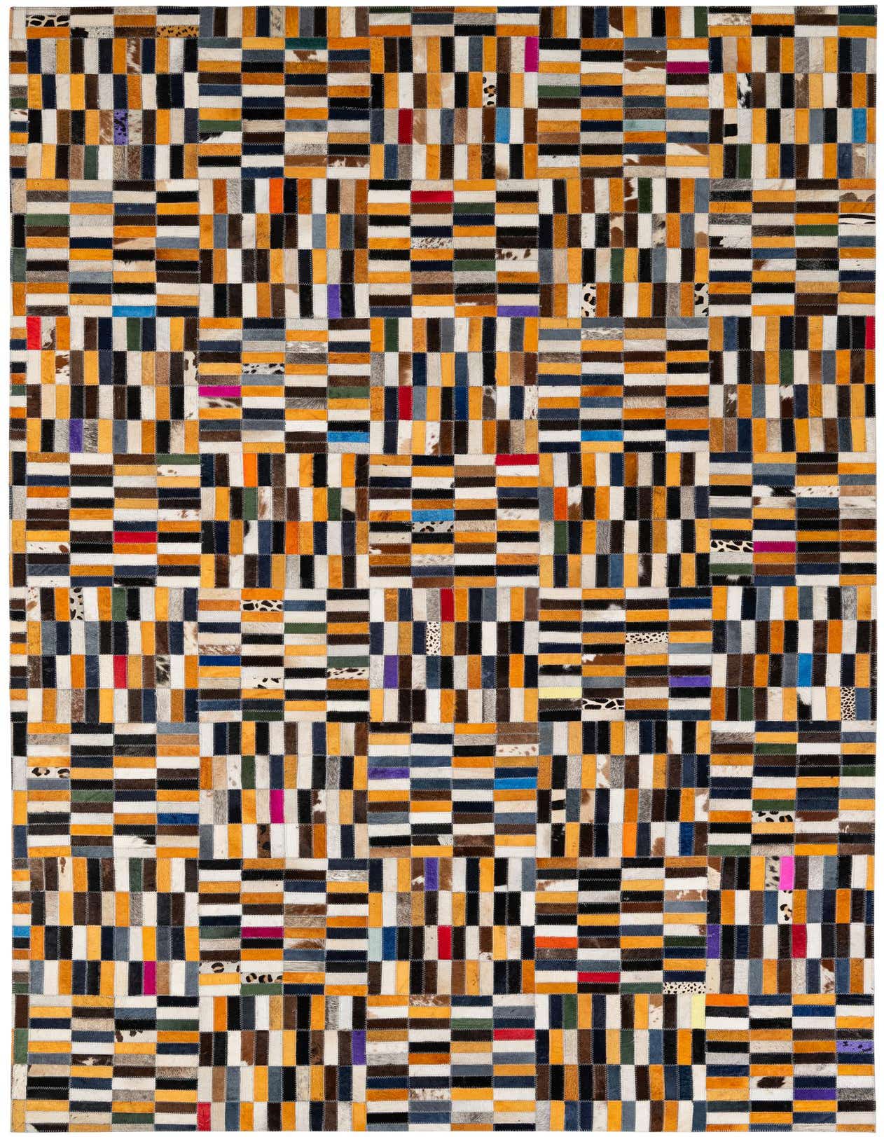 A 5x8 rectangular patchwork cowhide rug with multi-colored stripes and various fur textures, perfect for a modern living room.