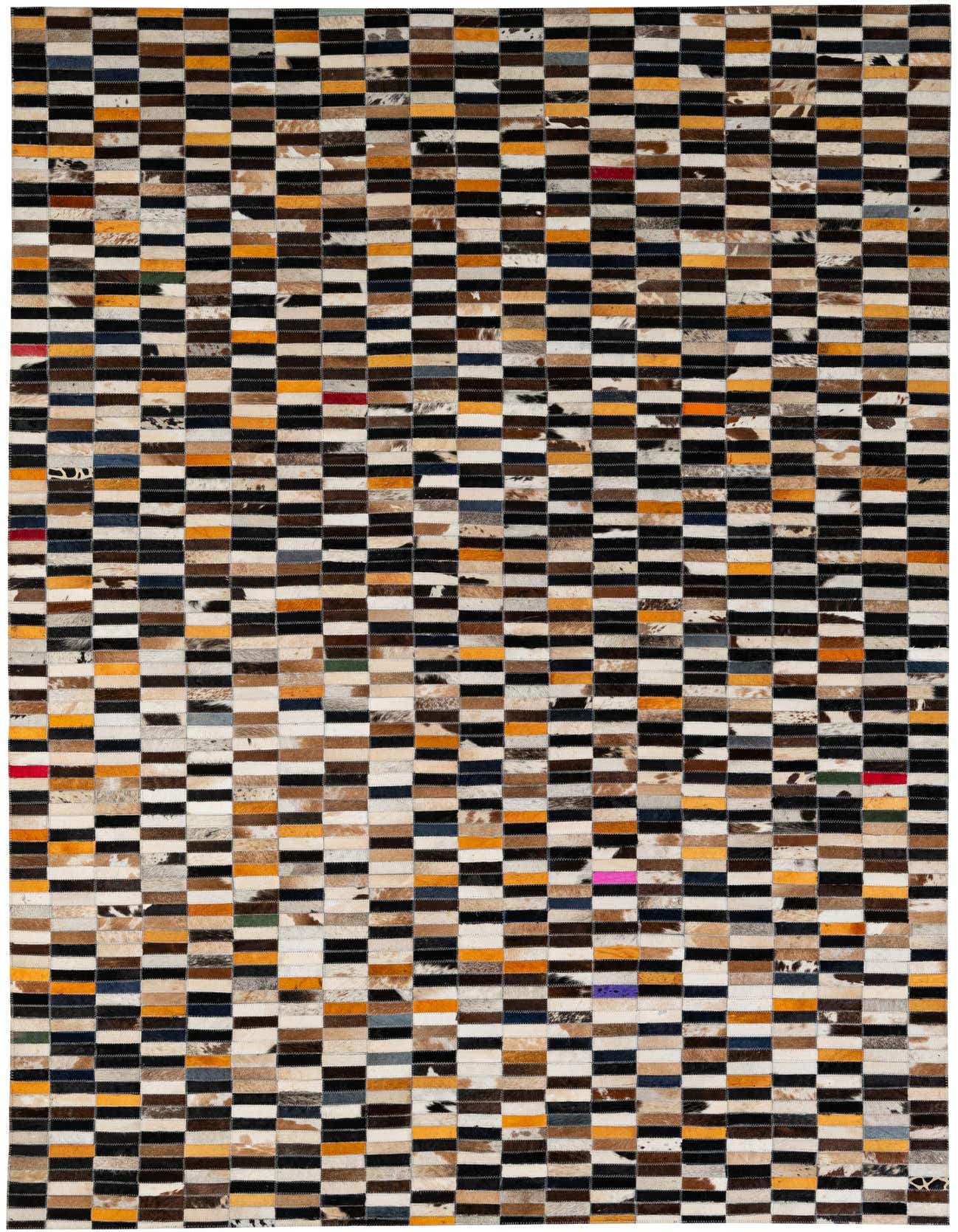 A rectangular 5x8 multi-colored cowhide rug with a modern patchwork stripe pattern, suitable for a living room.