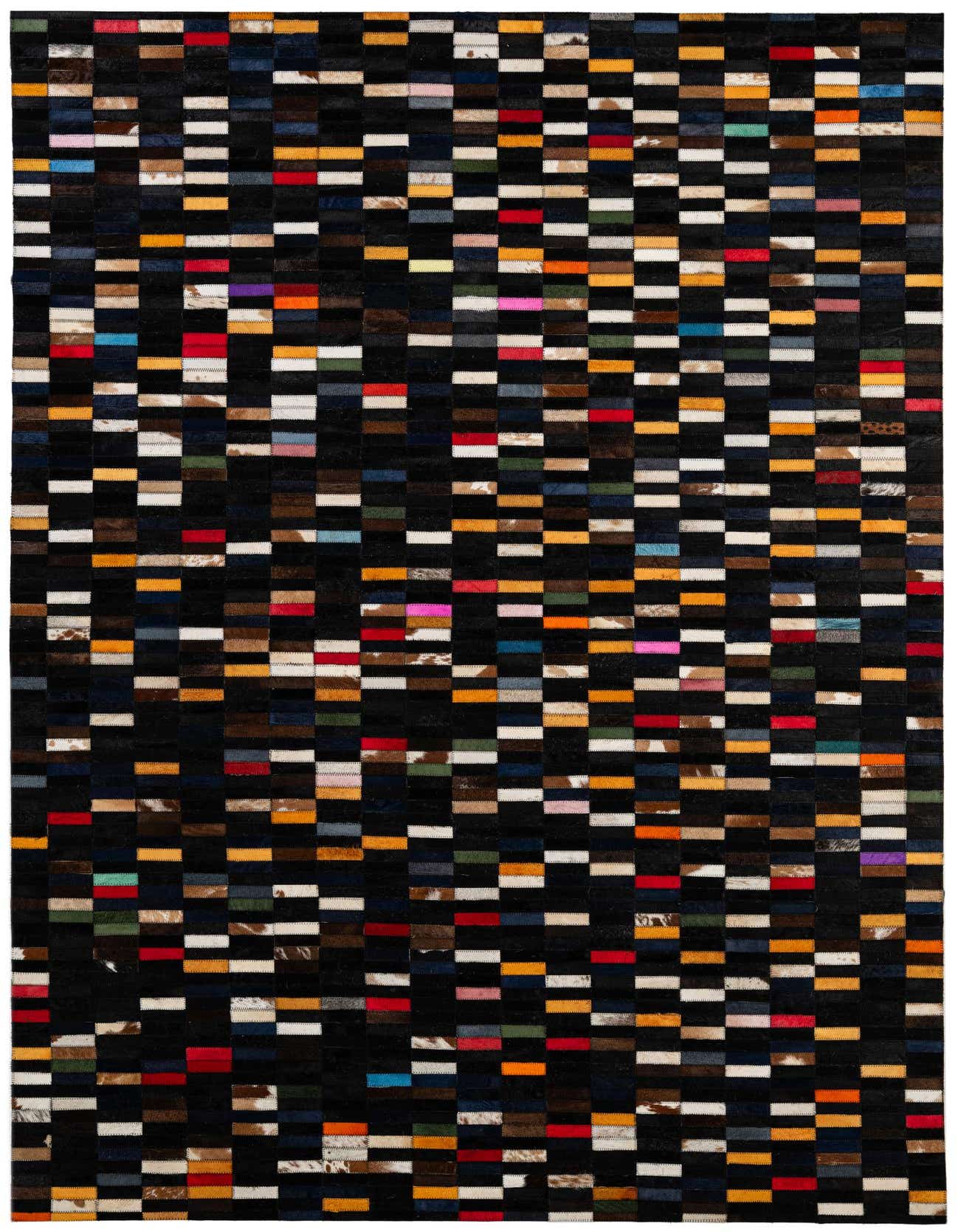A 5x8 rectangular Cowhide - Patchwork rug featuring a modern pattern of multi-colored rectangular patches on a black background.