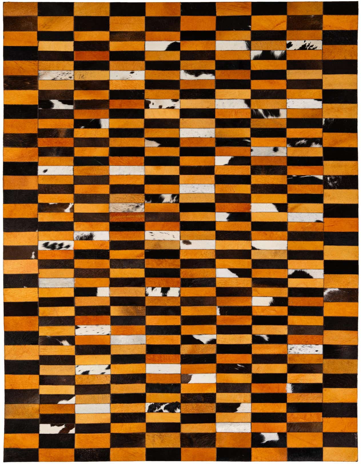 A 5x8 rectangular Cowhide Patchwork rug featuring a modern checkered pattern in multi-colored natural cowhide and leather.
