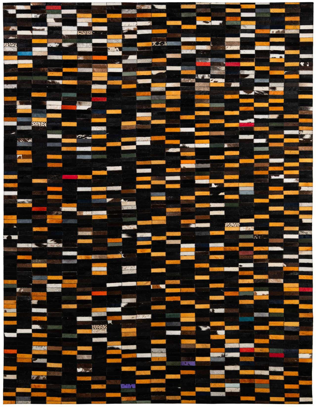 A rectangular 5x8 multi-colored modern cowhide patchwork rug with a stripe pattern, ideal for a living room.