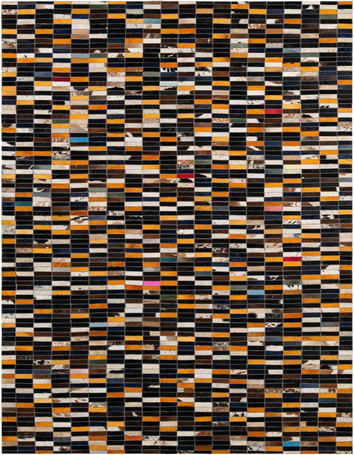 A 5x8 rectangular Cowhide - Patchwork rug featuring a modern, multi-colored stripe pattern with varying cowhide textures.