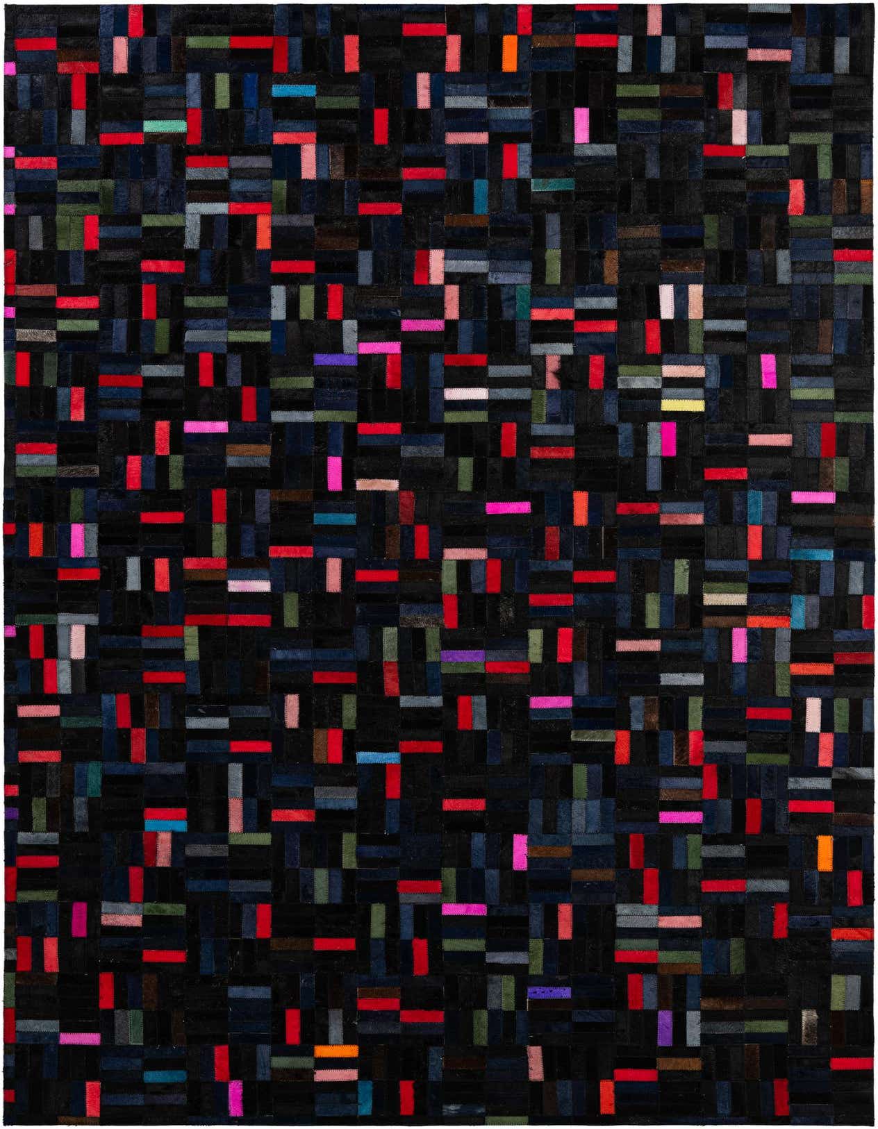 A 5x8 rectangular Cowhide Patchwork rug featuring a modern stripe pattern with multi-colored leather pieces on a dark background.