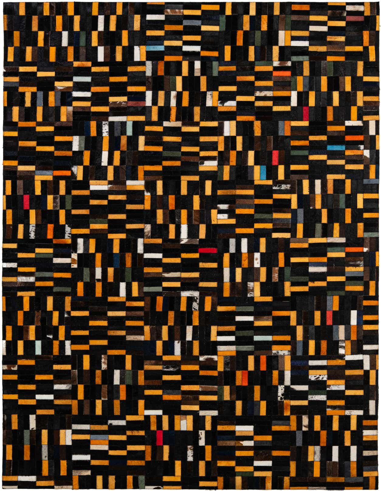 A 5x8 rectangular Cowhide Patchwork rug with a modern stripe pattern in multi-colored hues, featuring black, orange, and various accent colors.