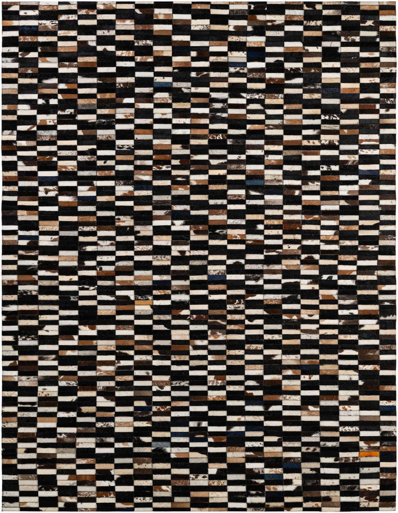 A 5x8 rectangular, multi-colored modern rug featuring a patchwork stripe pattern of cowhide and leather in various natural tones.