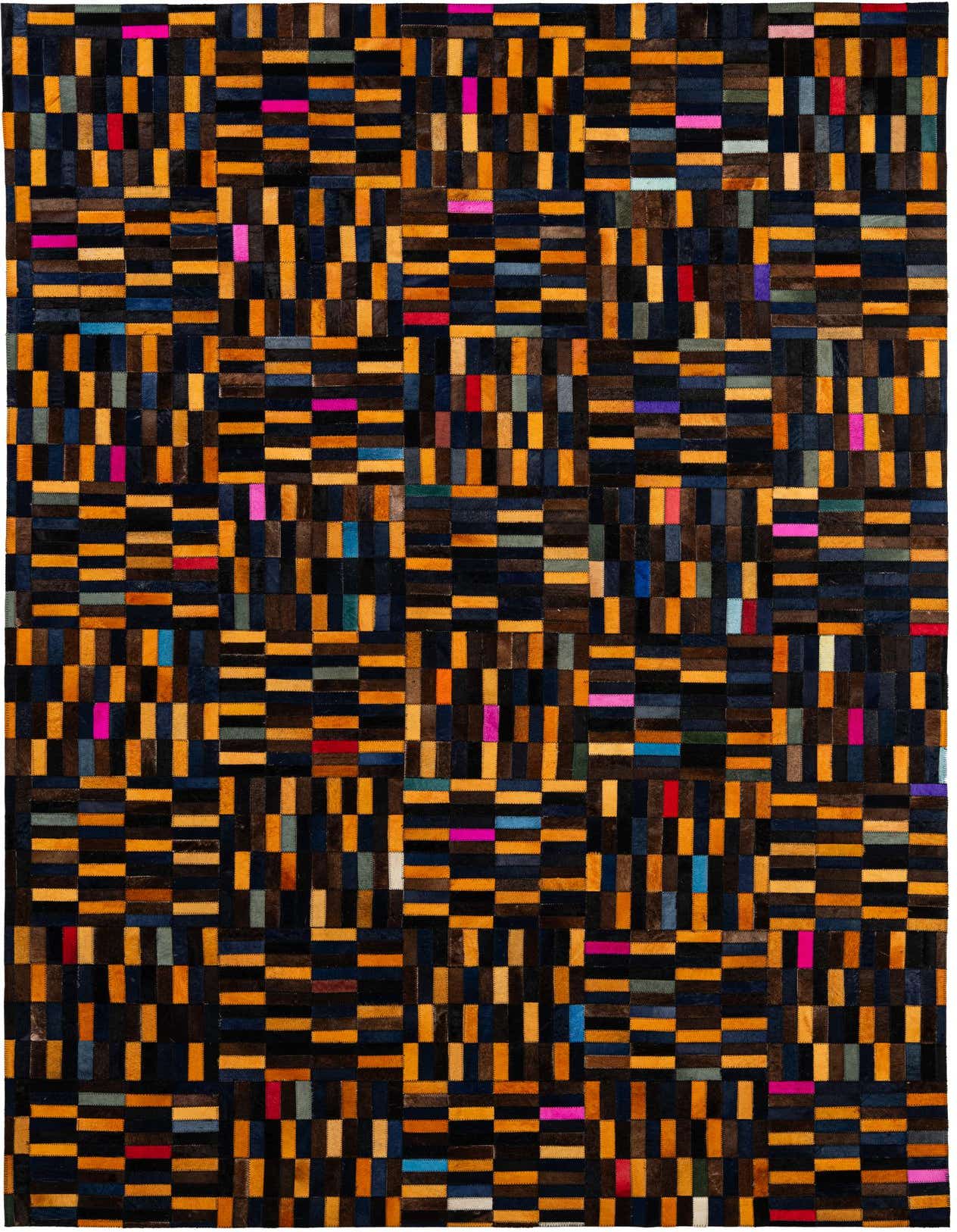 A 5x8 rectangular Cowhide Patchwork rug featuring a modern stripe pattern in multi-colored hues, ideal for a living room.