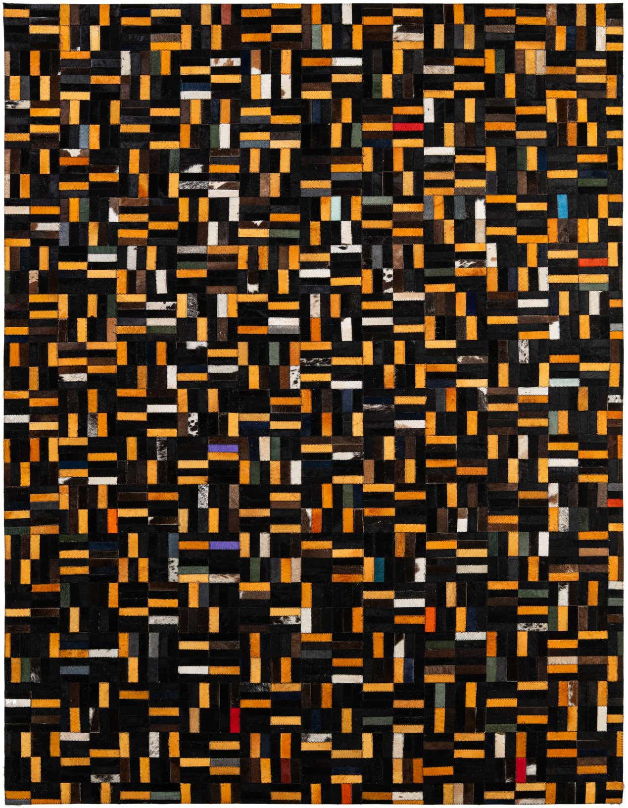 A 5x8 rectangular Cowhide & Leather rug featuring a modern patchwork stripe pattern in multi-colored hues.