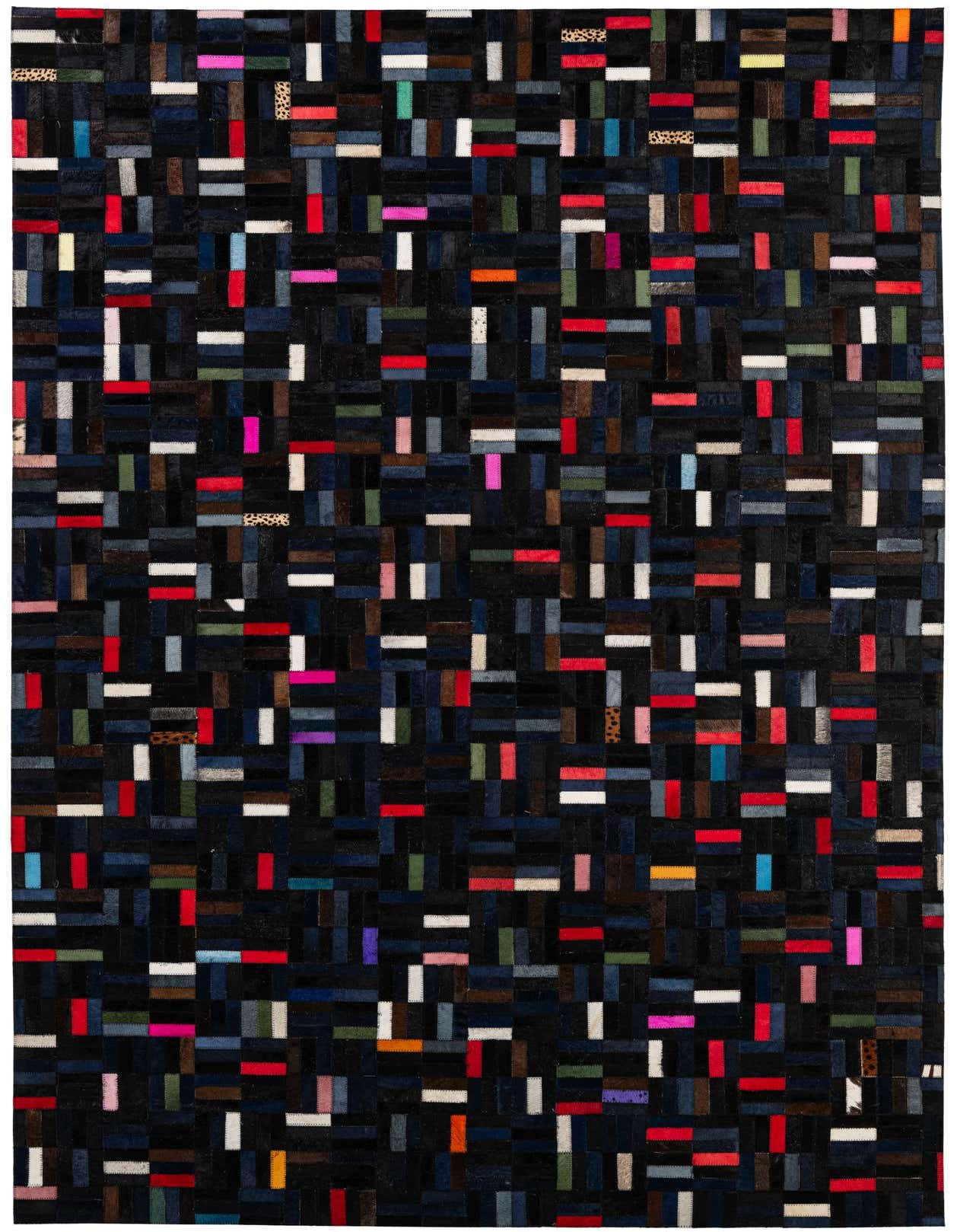 A rectangular 5x8 modern patchwork cowhide rug featuring a multi-colored design with black, red, pink, blue, and white rectangular pieces.