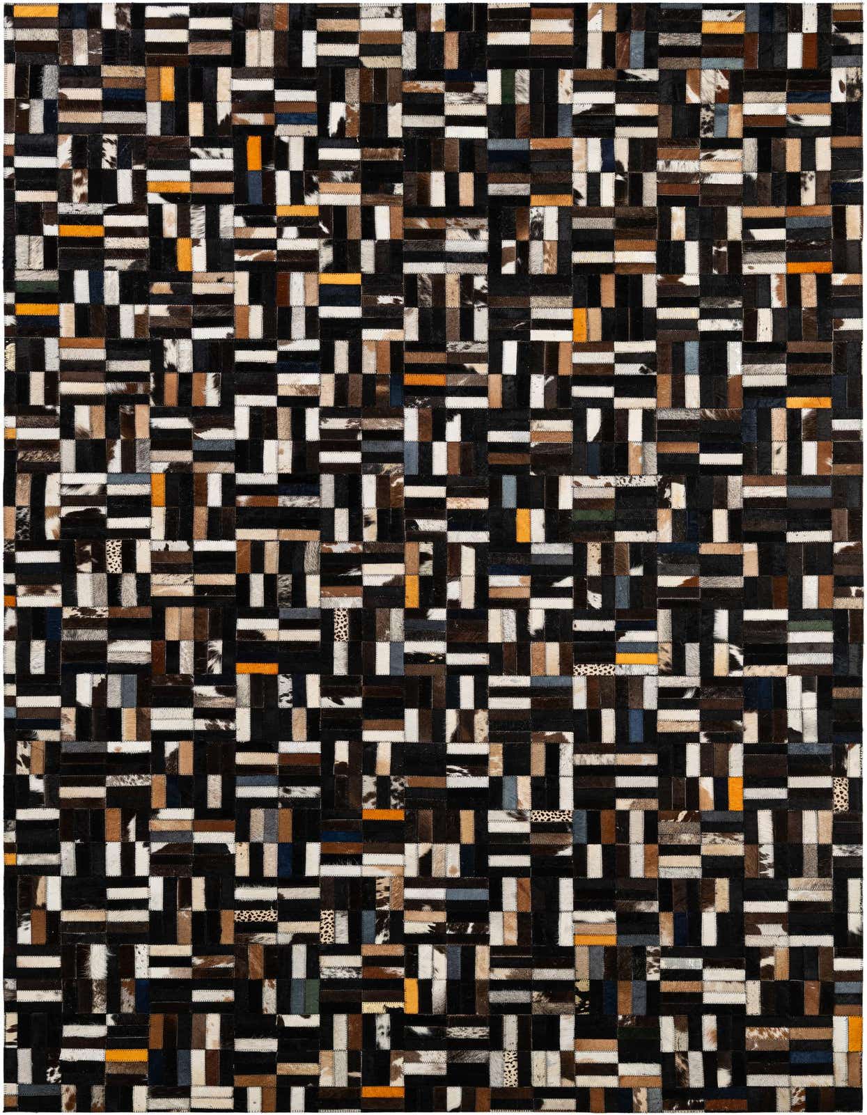A 5x8 rectangular multi-colored patchwork cowhide rug, featuring various shades of black, brown, white, and hints of orange and blue in a modern pattern.