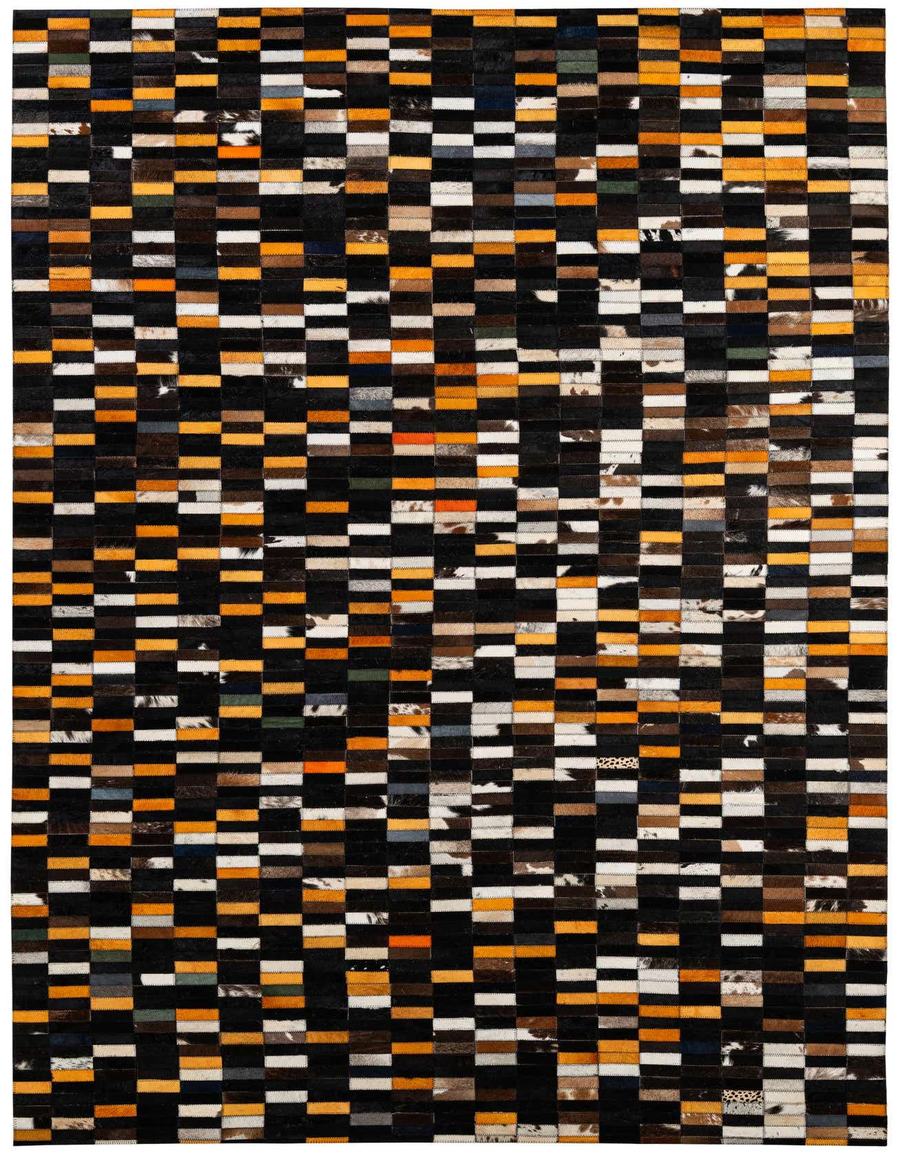 A 5x8 rectangular Cowhide Patchwork rug featuring a modern stripe pattern in multi-colored hues, perfect for a living room.