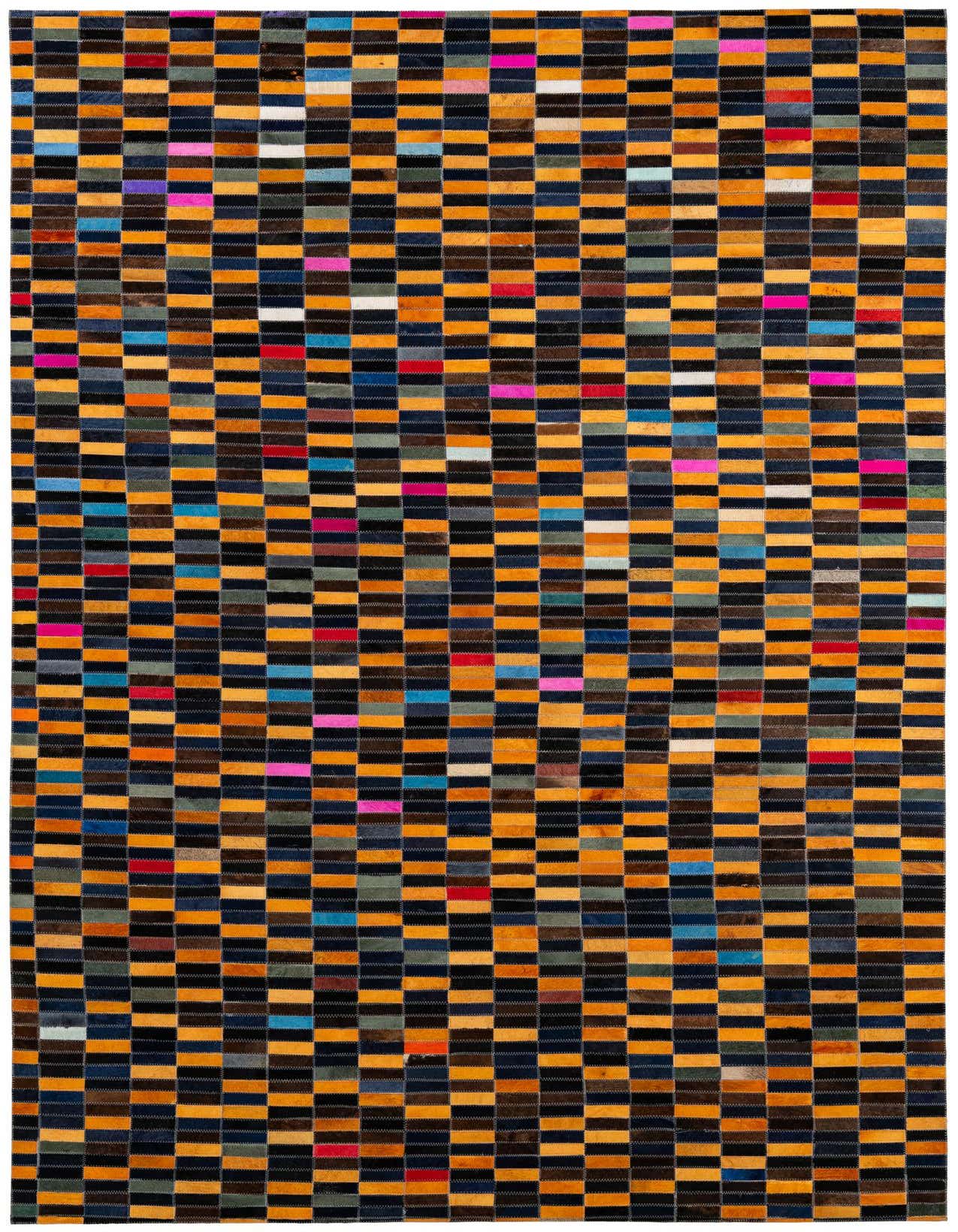 A 5x8 rectangular Cowhide Patchwork rug featuring a modern stripe pattern in multi-colored hues, ideal for a living room.