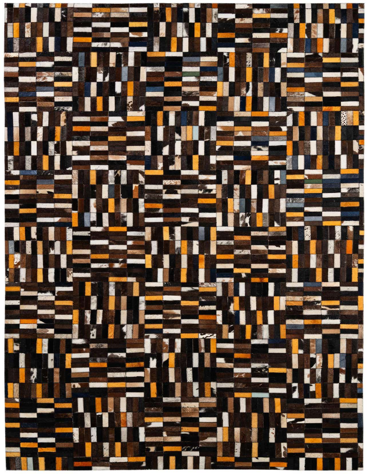 A rectangular 5x8 modern patchwork cowhide rug with multi-colored stripes in brown, black, white, and orange tones.