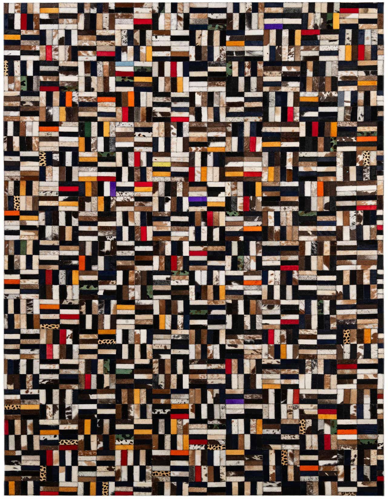 A 5x8 rectangular multi-colored patchwork cowhide rug with a modern stripe pattern, featuring various natural hide tones and vibrant accent colors.