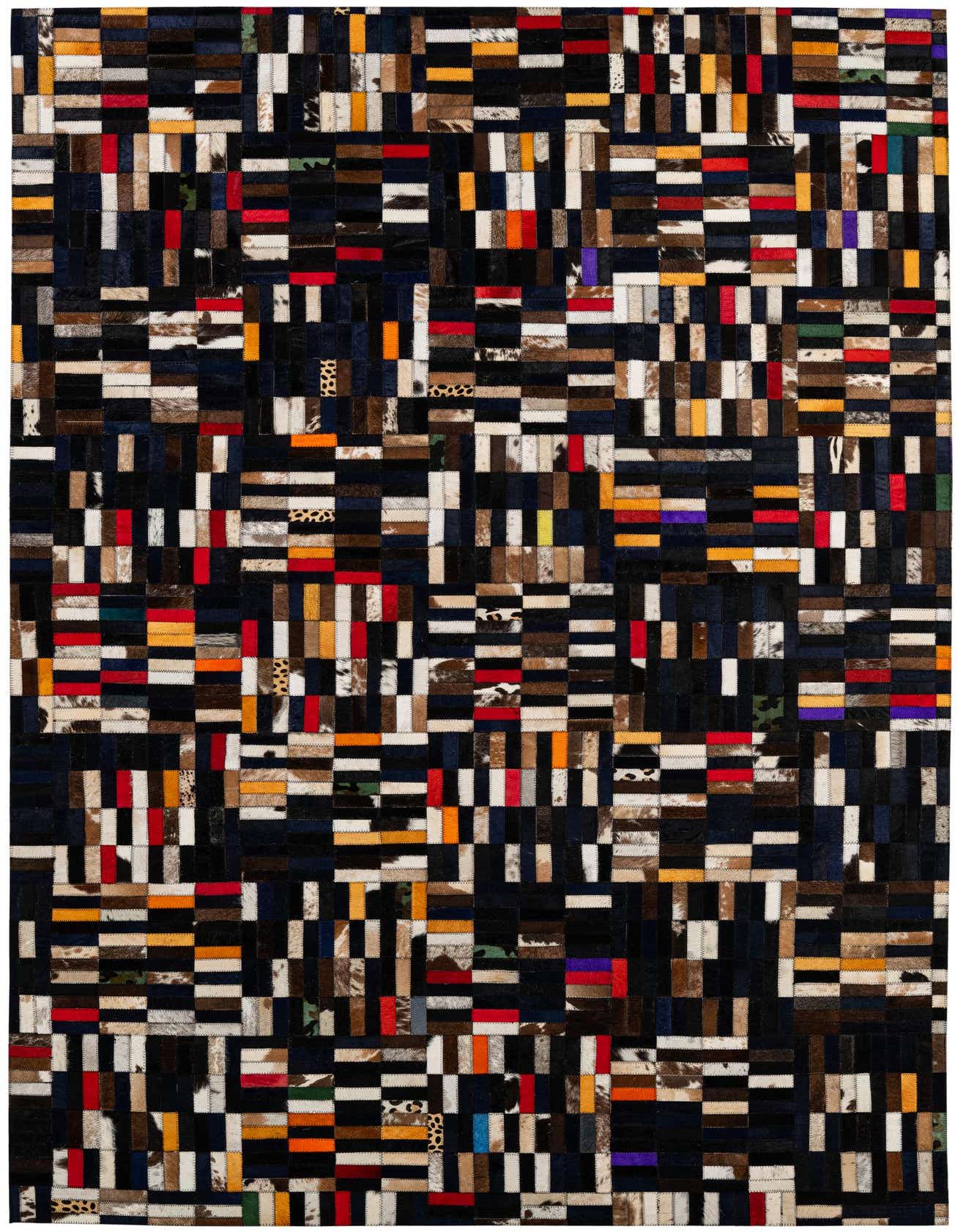 A rectangular 5x8 multi-colored cowhide patchwork rug with a modern stripe pattern, featuring various shades of natural cowhide, black, white, brown, and vibrant accents of red, orange, yellow, and blue.