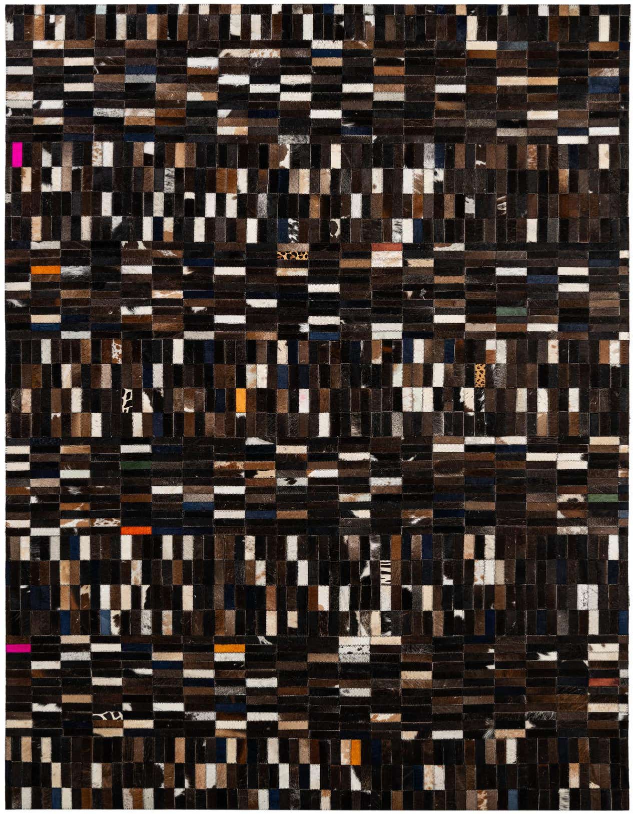 A rectangular 5x8 modern patchwork cowhide rug featuring various shades of brown, black, white, and subtle colorful accents.
