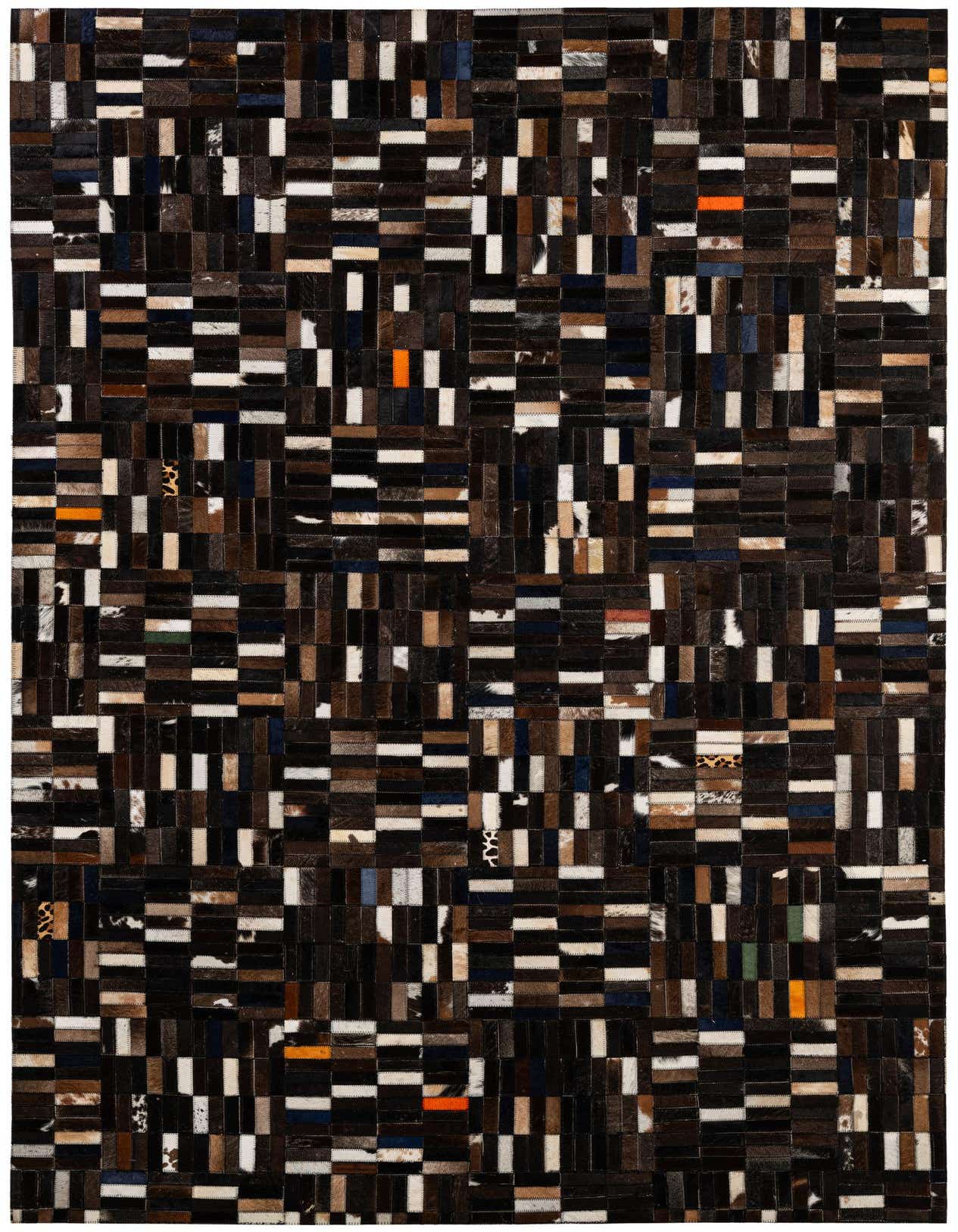 A 5x8 rectangular Cowhide Patchwork rug featuring a modern stripe pattern with multi-colored patches of brown, black, white, and subtle blues and oranges.