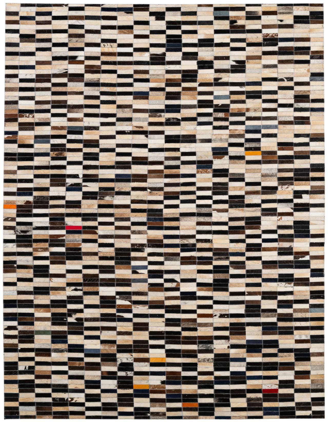 A 5x8 rectangular, multi-colored modern patchwork cowhide rug with varying shades of brown, black, white, and subtle hints of red and orange.