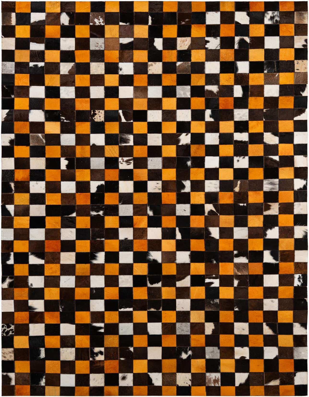 A 5x8 rectangular Cowhide - Patchwork rug featuring a checkerboard pattern of black, white, brown, and orange squares.