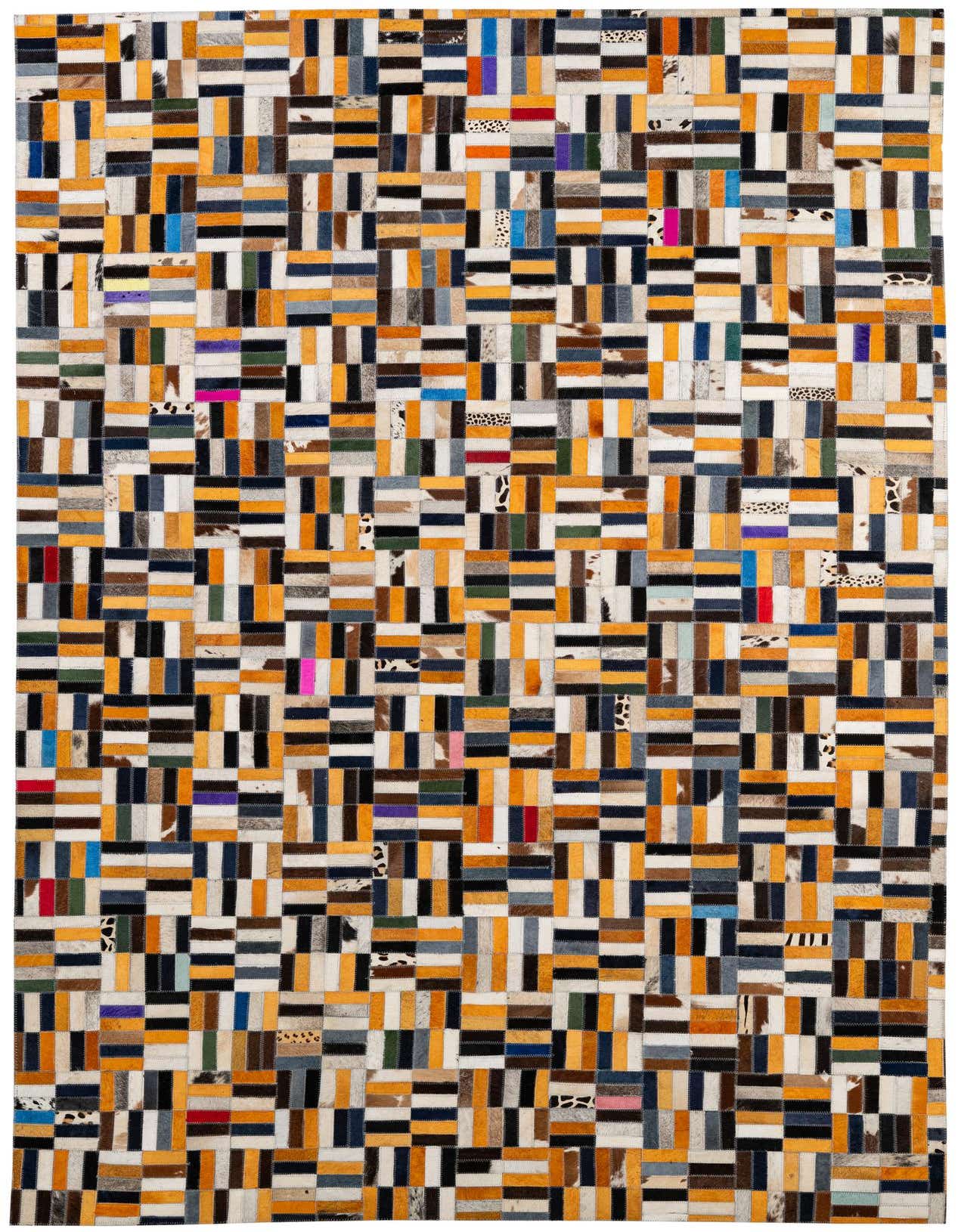 A rectangular 5x8 multi-colored modern patchwork cowhide rug with various shades of brown, black, white, and accent colors.