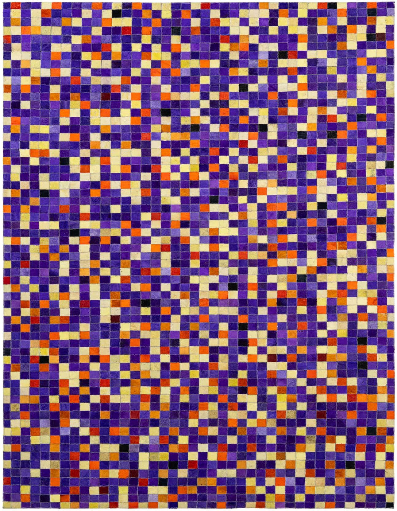 A rectangular 5x8 modern patchwork rug made from cowhide, featuring a vibrant pixelated pattern of purple, orange, yellow, and black squares.