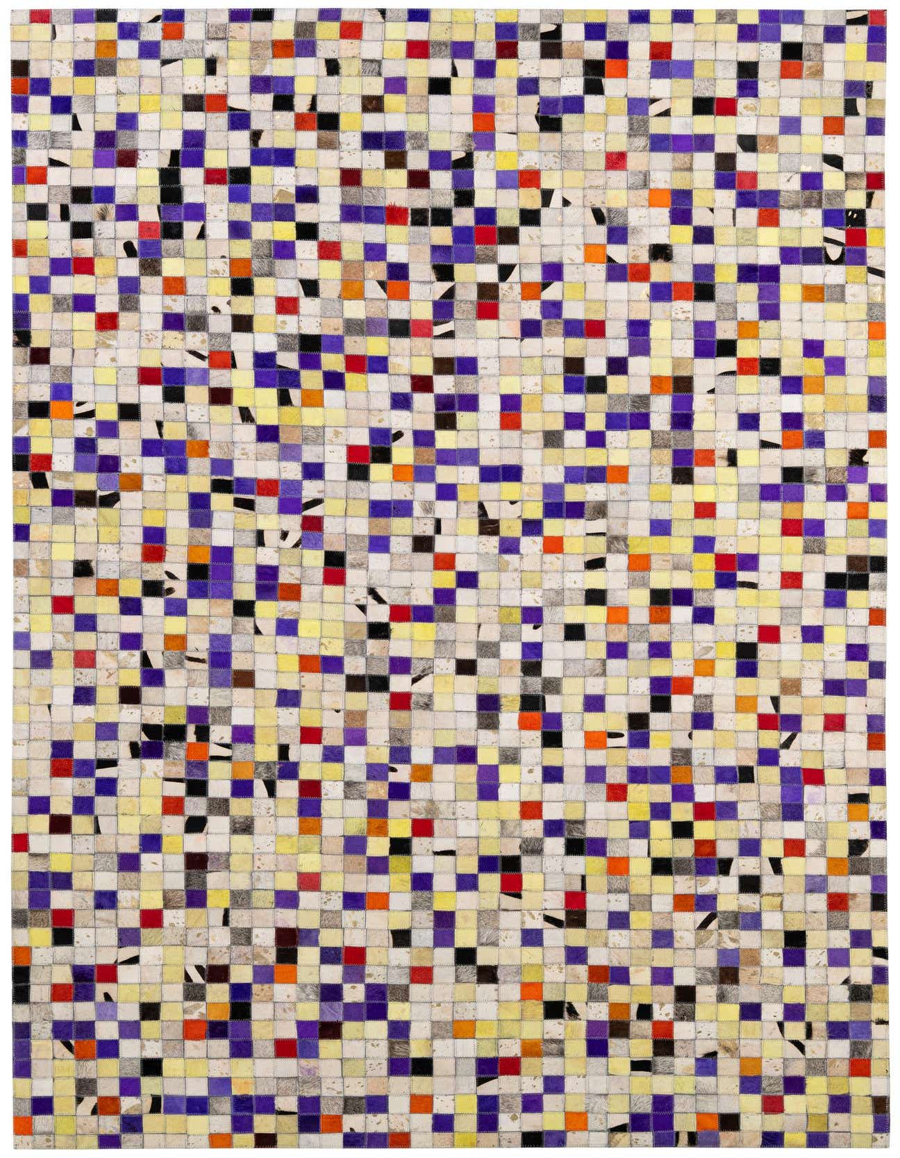 A 5x8 rectangular multi-colored modern patchwork cowhide rug with squares of purple, yellow, red, orange, black, and natural white/brown tones.