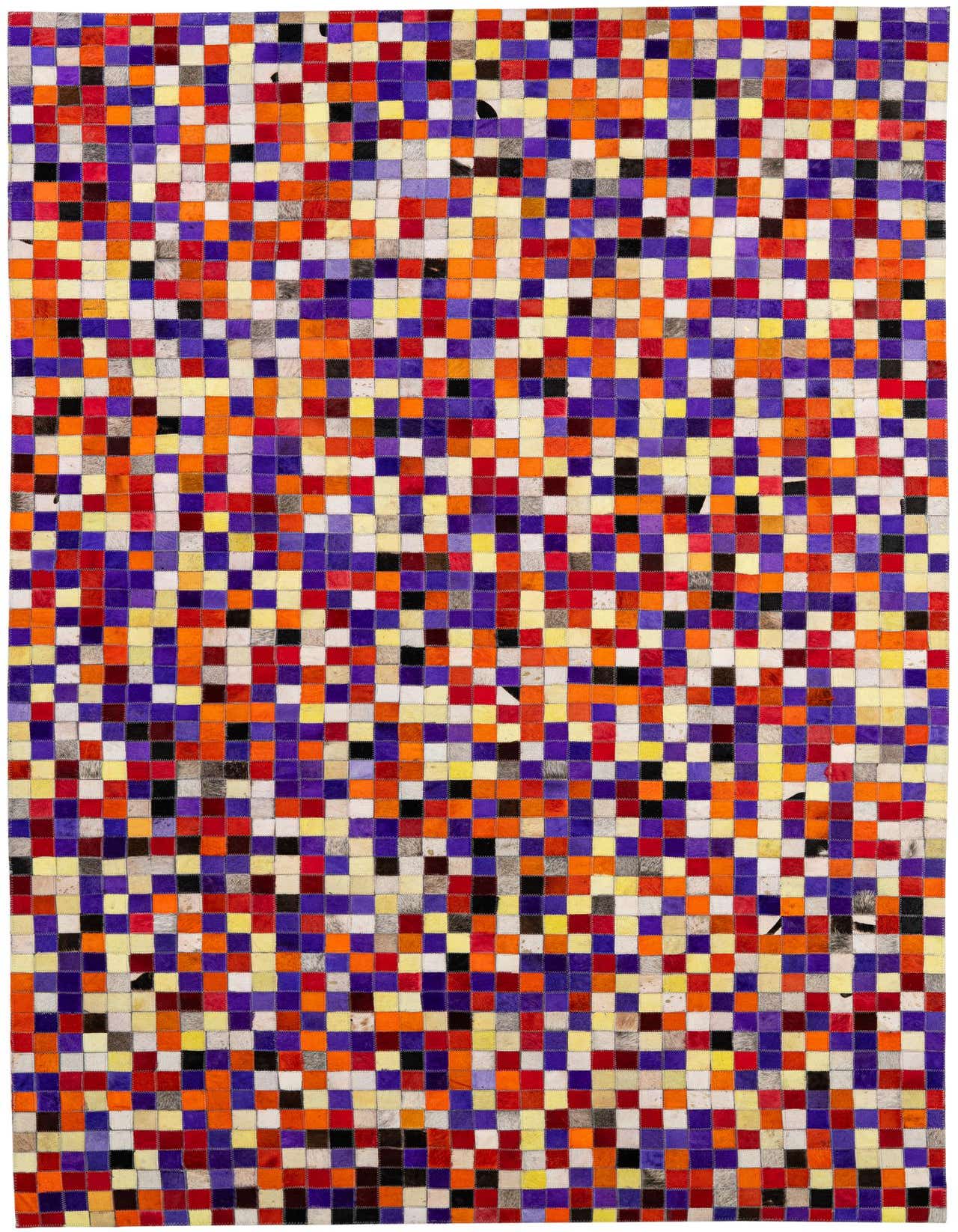 A 5x8 rectangular Cowhide Patchwork rug featuring a vibrant multi-colored modern grid pattern, ideal for a living room.