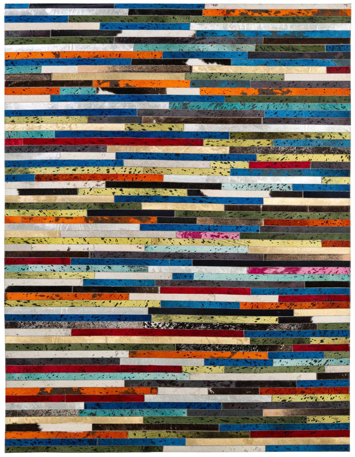 A 5x8 rectangular Cowhide Patchwork rug featuring a vibrant multi-colored stripe pattern, ideal for a modern living room.