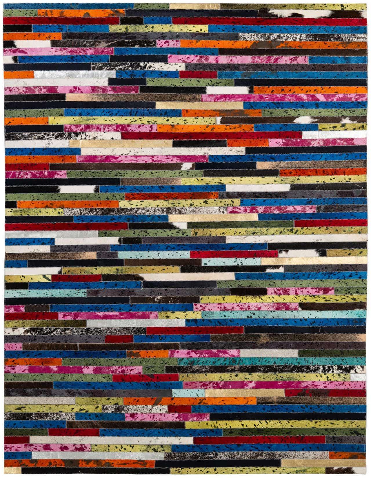 A 5x8 rectangular Cowhide Patchwork rug featuring horizontal stripes of multi-colored cowhide and leather, perfect for a modern living room.