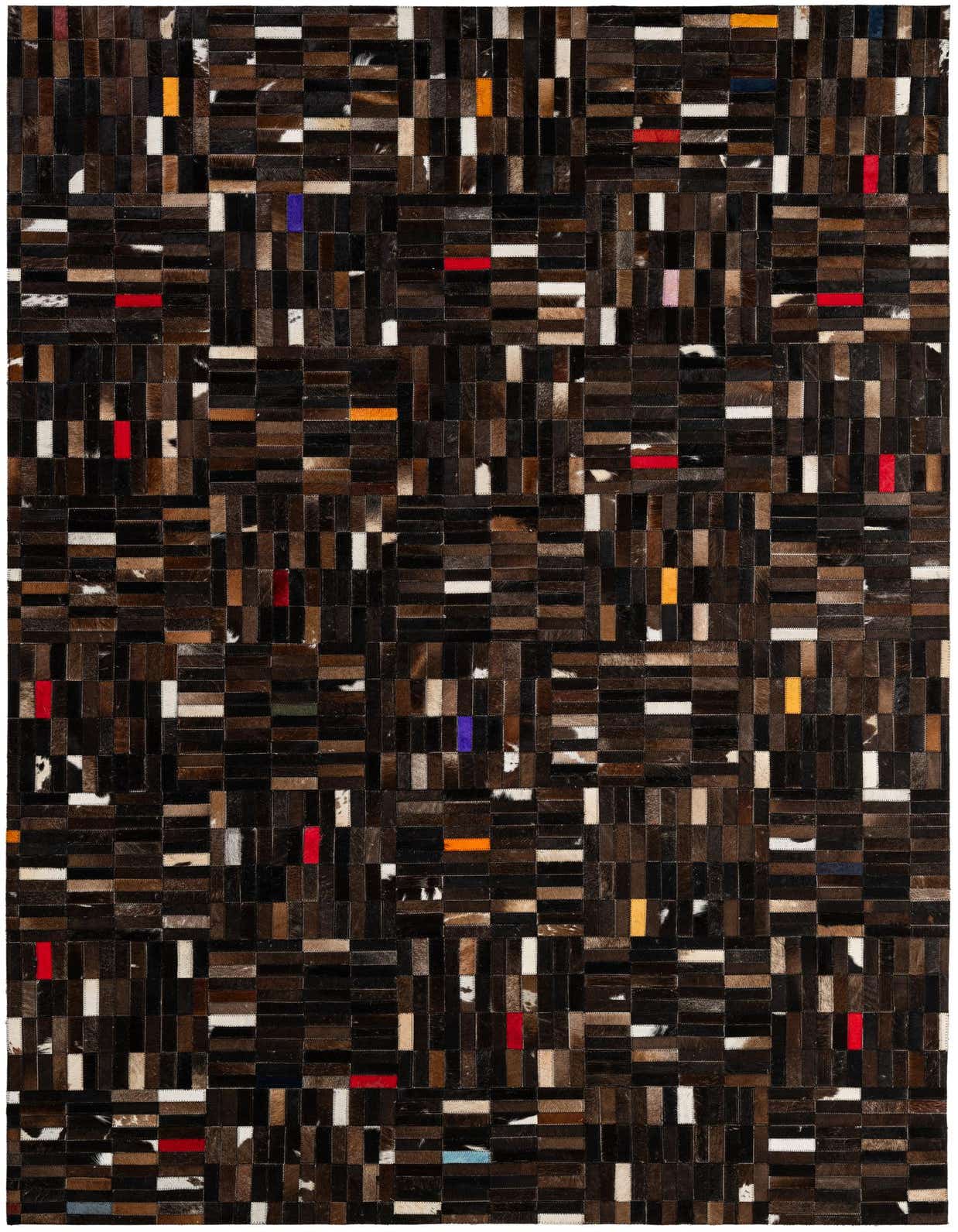 A 5x8 rectangular Cowhide Patchwork rug featuring a modern stripe pattern in multi-colored dark brown, black, and white tones with occasional red, orange, and blue accents.