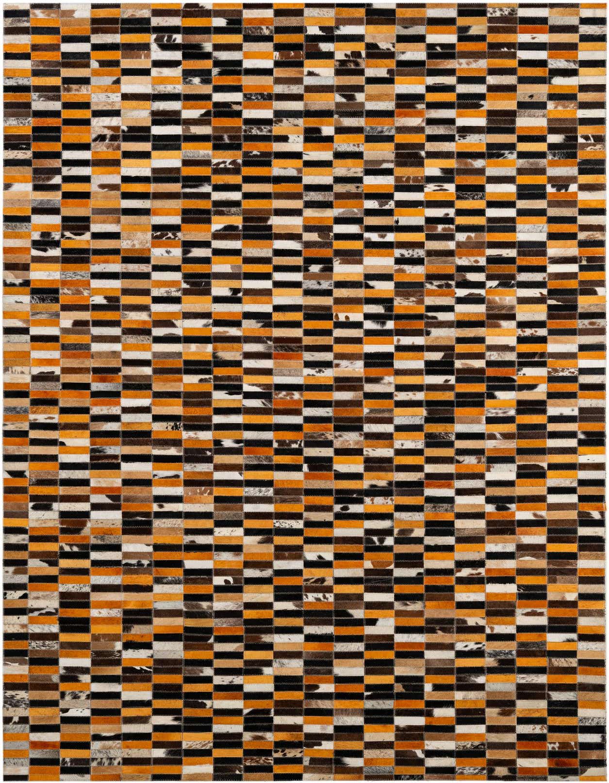 A 5x8 rectangular Cowhide Patchwork rug featuring a modern stripe pattern in multi-colored natural cowhide and leather.