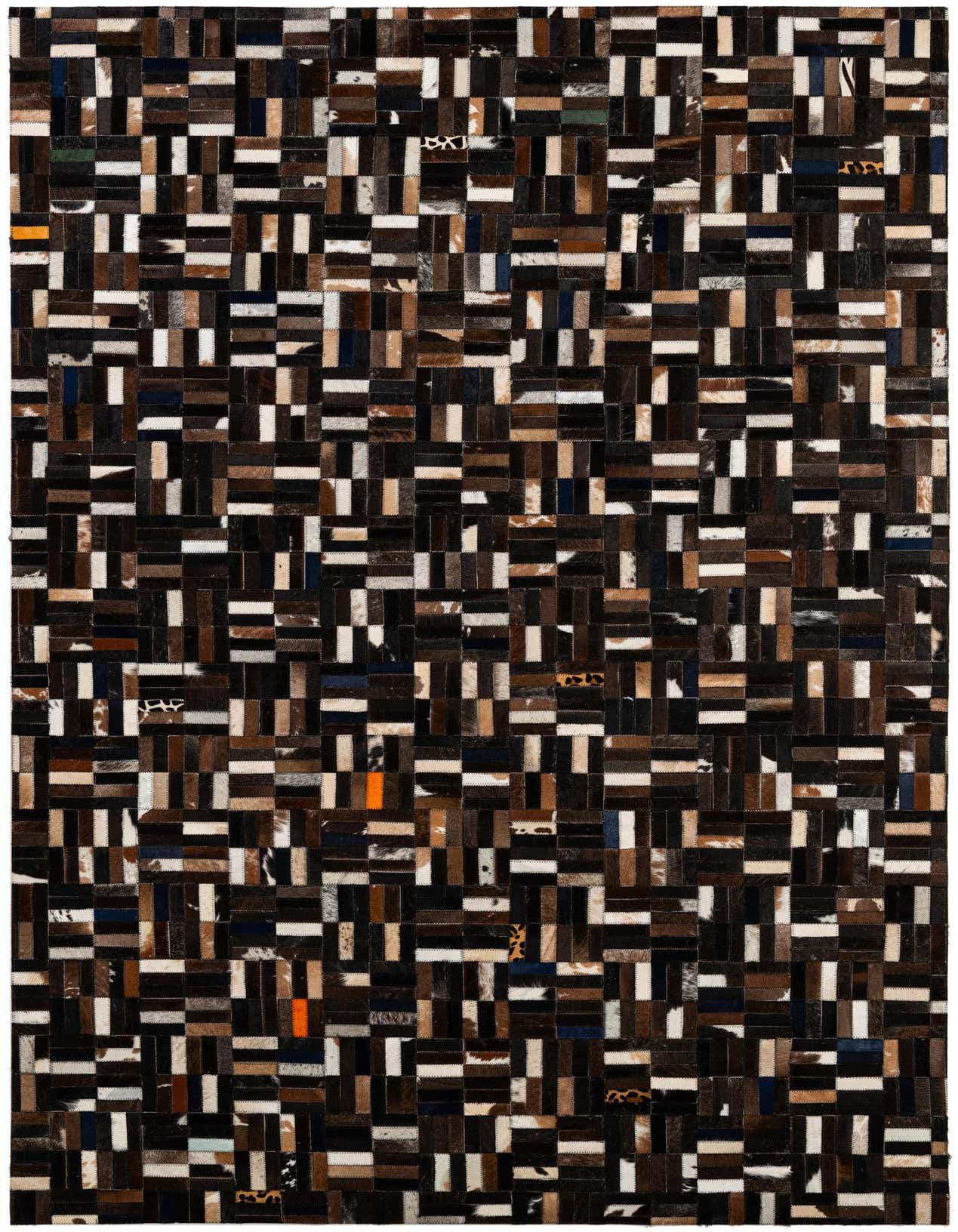 A rectangular 5x8 patchwork cowhide rug featuring a modern stripe pattern in various shades of brown, black, white, and subtle hints of blue and orange.